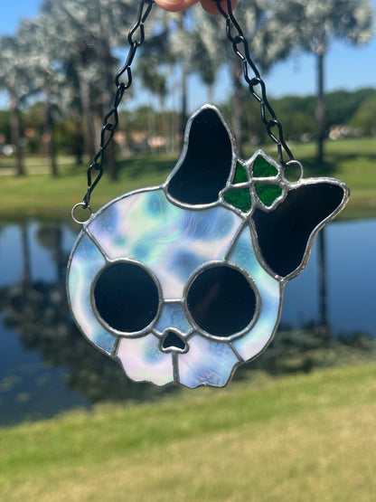 Stained Glass Skull Suncatcher with Clover Accent – Gothic Window Decor
