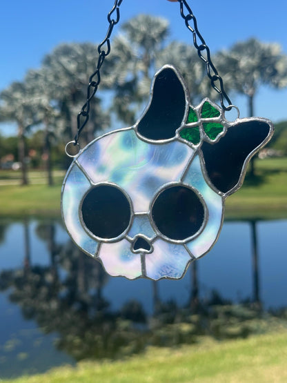 Stained Glass Skull Suncatcher with Clover Accent – Gothic Window Decor
