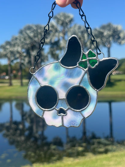 Stained Glass Skull Suncatcher with Clover Accent – Gothic Window Decor