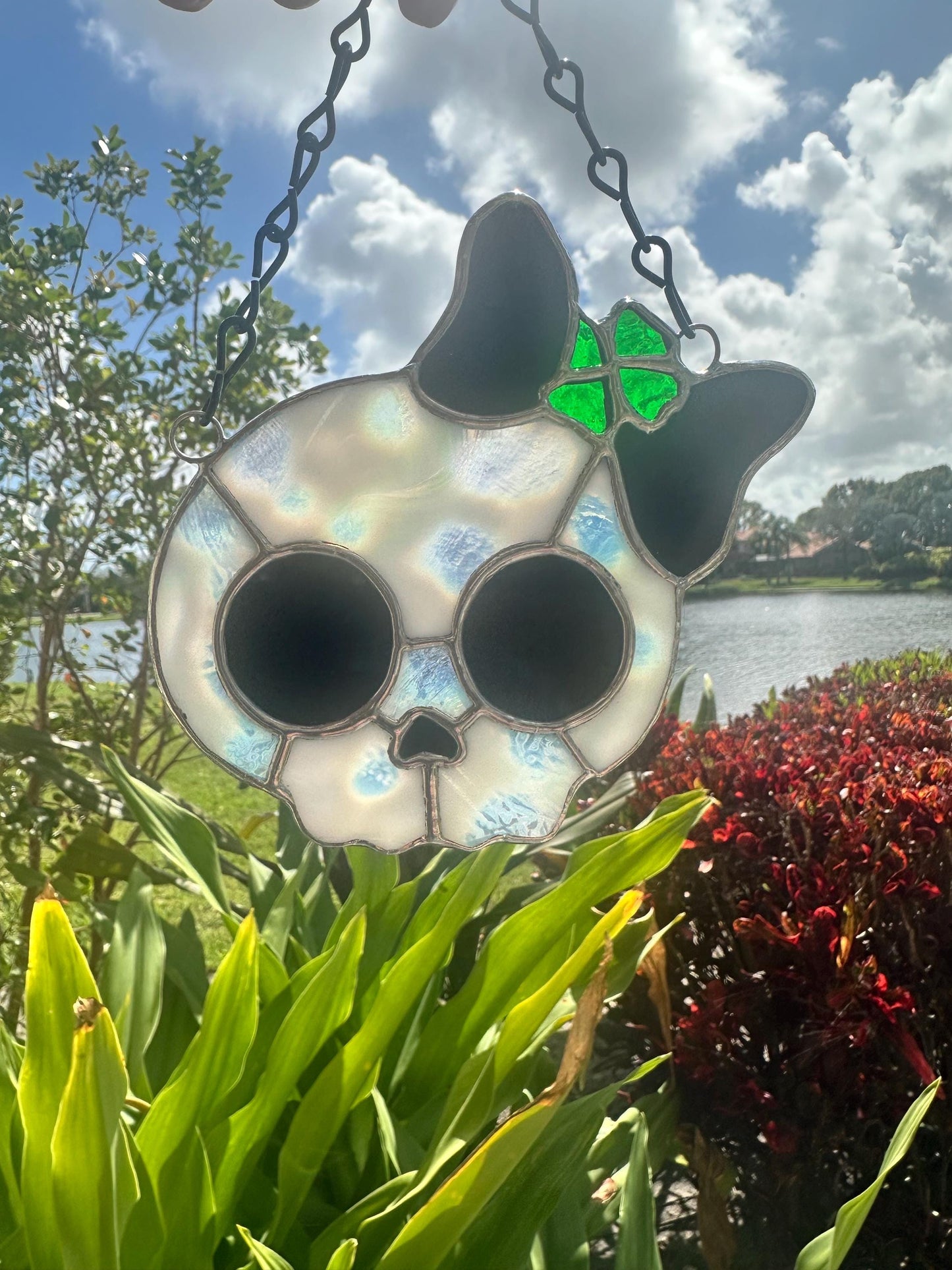Stained Glass Skull Suncatcher with Clover Accent – Gothic Window Decor