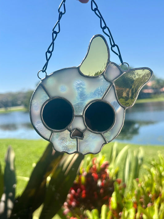 Stained Glass Skull Suncatcher with Bow Accent – Gothic Window Decor