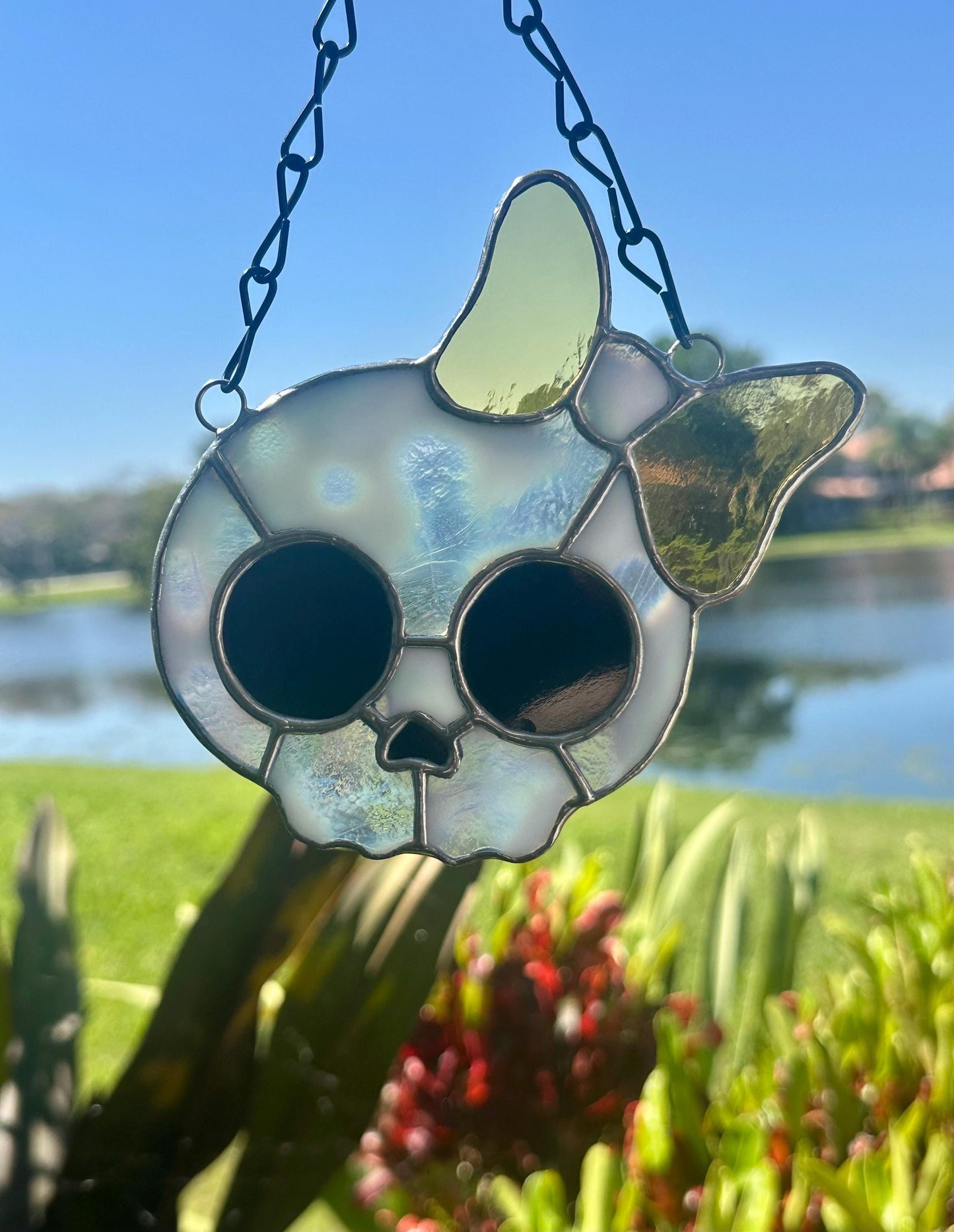 Stained Glass Skull Suncatcher with Bow Accent – Gothic Window Decor