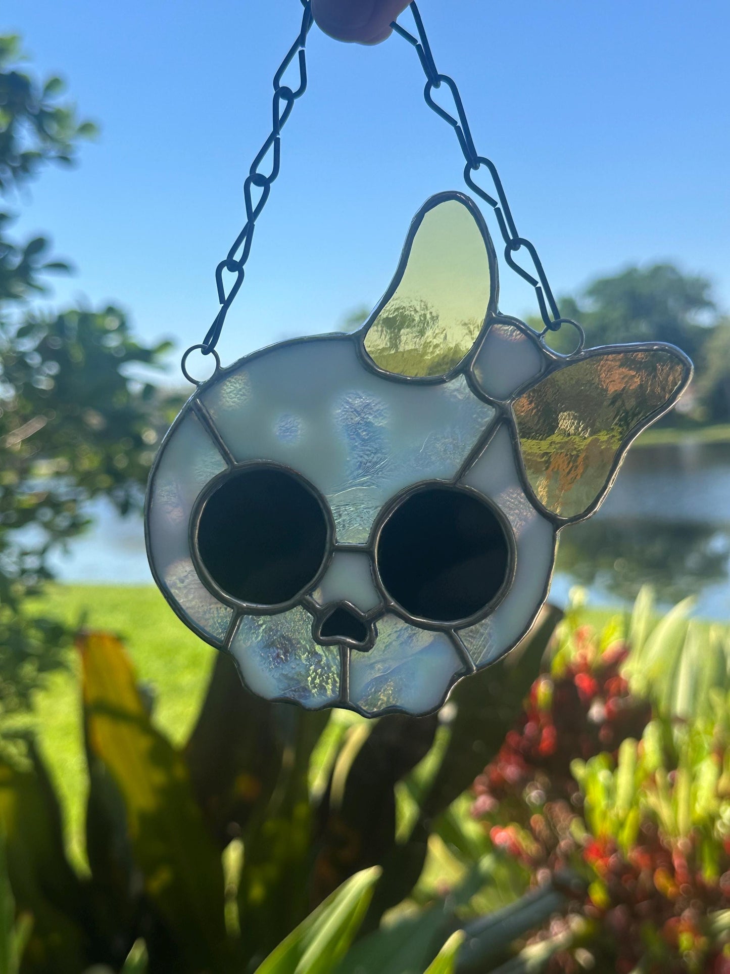 Stained Glass Skull Suncatcher with Bow Accent – Gothic Window Decor