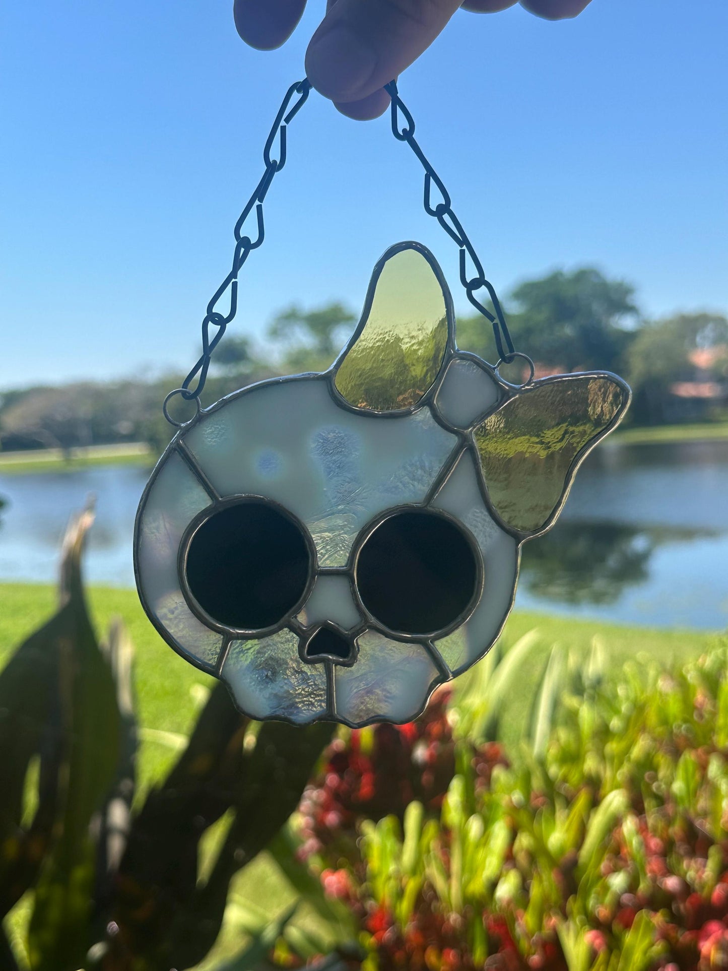 Stained Glass Skull Suncatcher with Bow Accent – Gothic Window Decor