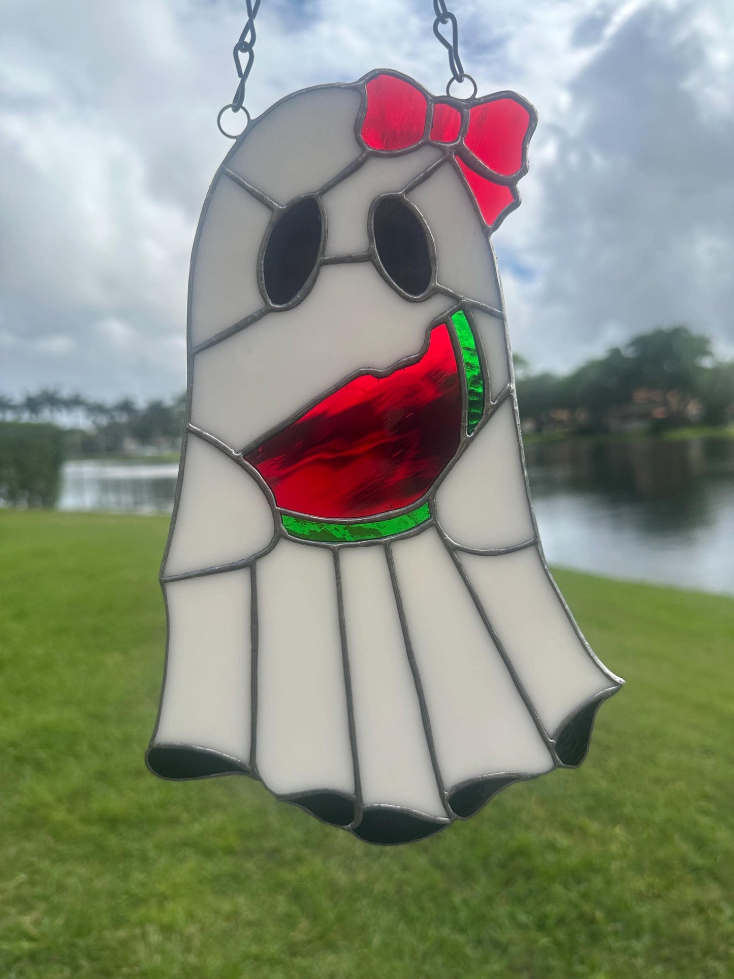 Watermelon Ghost Stained Glass Suncatcher – Spooky Summer Window Decor