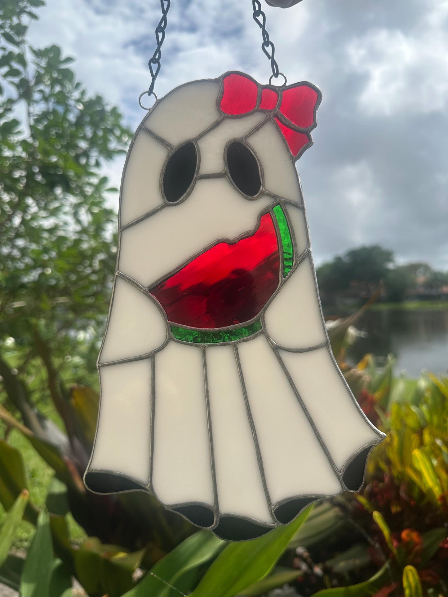 Watermelon Ghost Stained Glass Suncatcher – Spooky Summer Window Decor