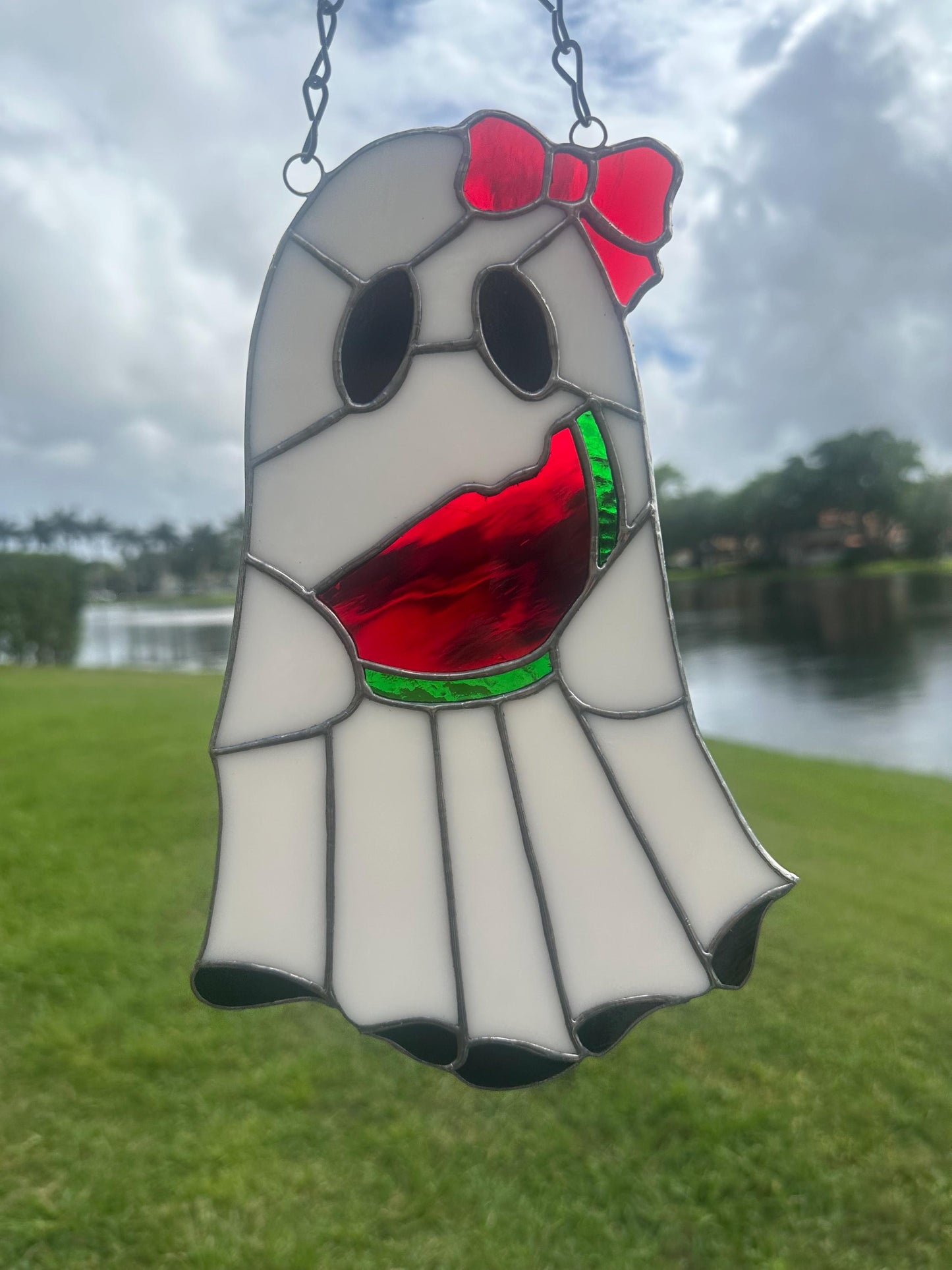 Watermelon Ghost Stained Glass Suncatcher – Spooky Summer Window Decor