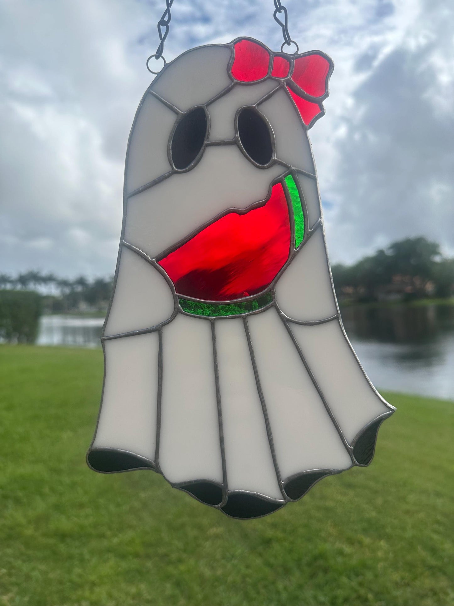 Watermelon Ghost Stained Glass Suncatcher – Spooky Summer Window Decor