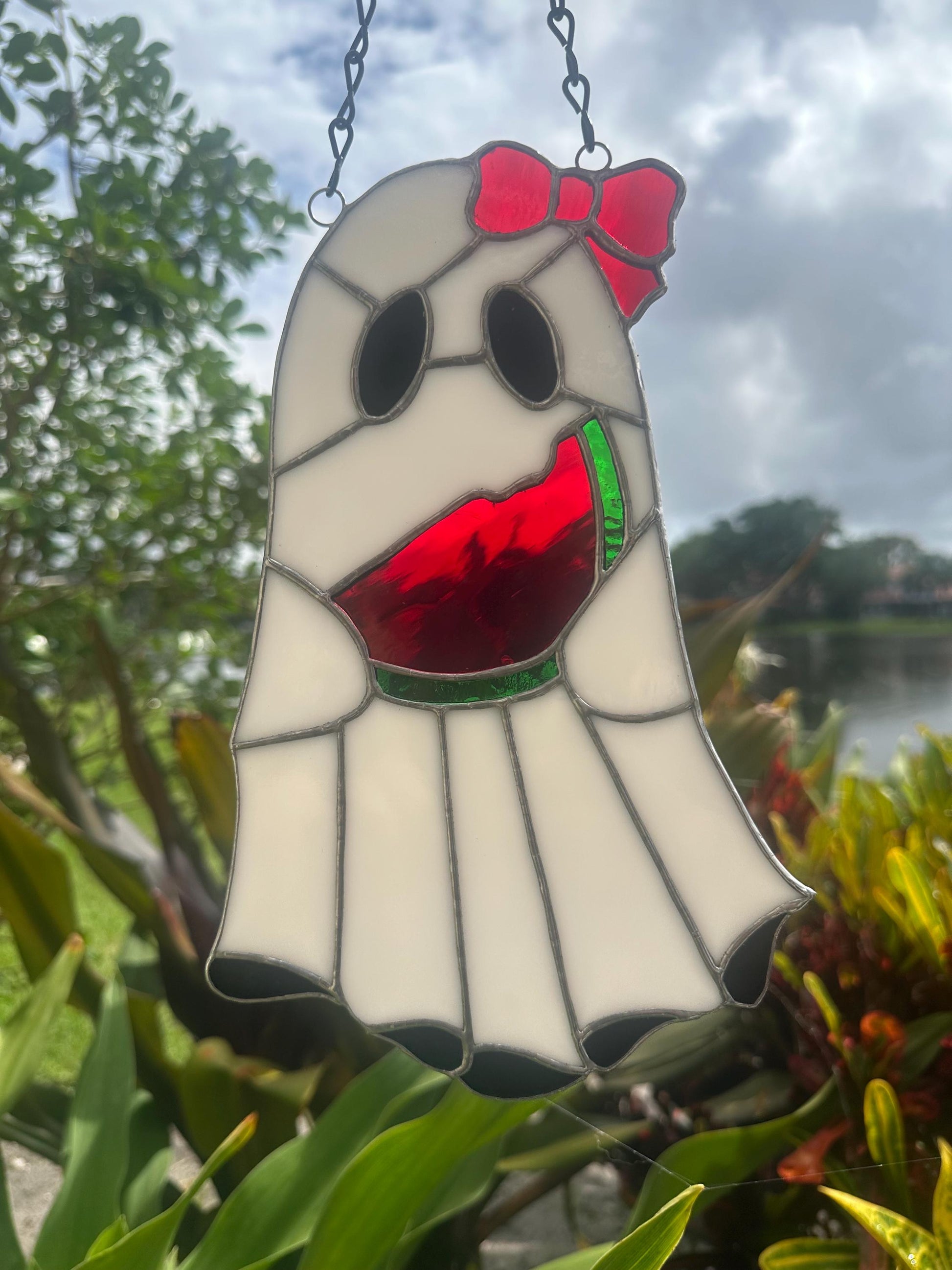 Watermelon Ghost Stained Glass Suncatcher – Spooky Summer Window Decor