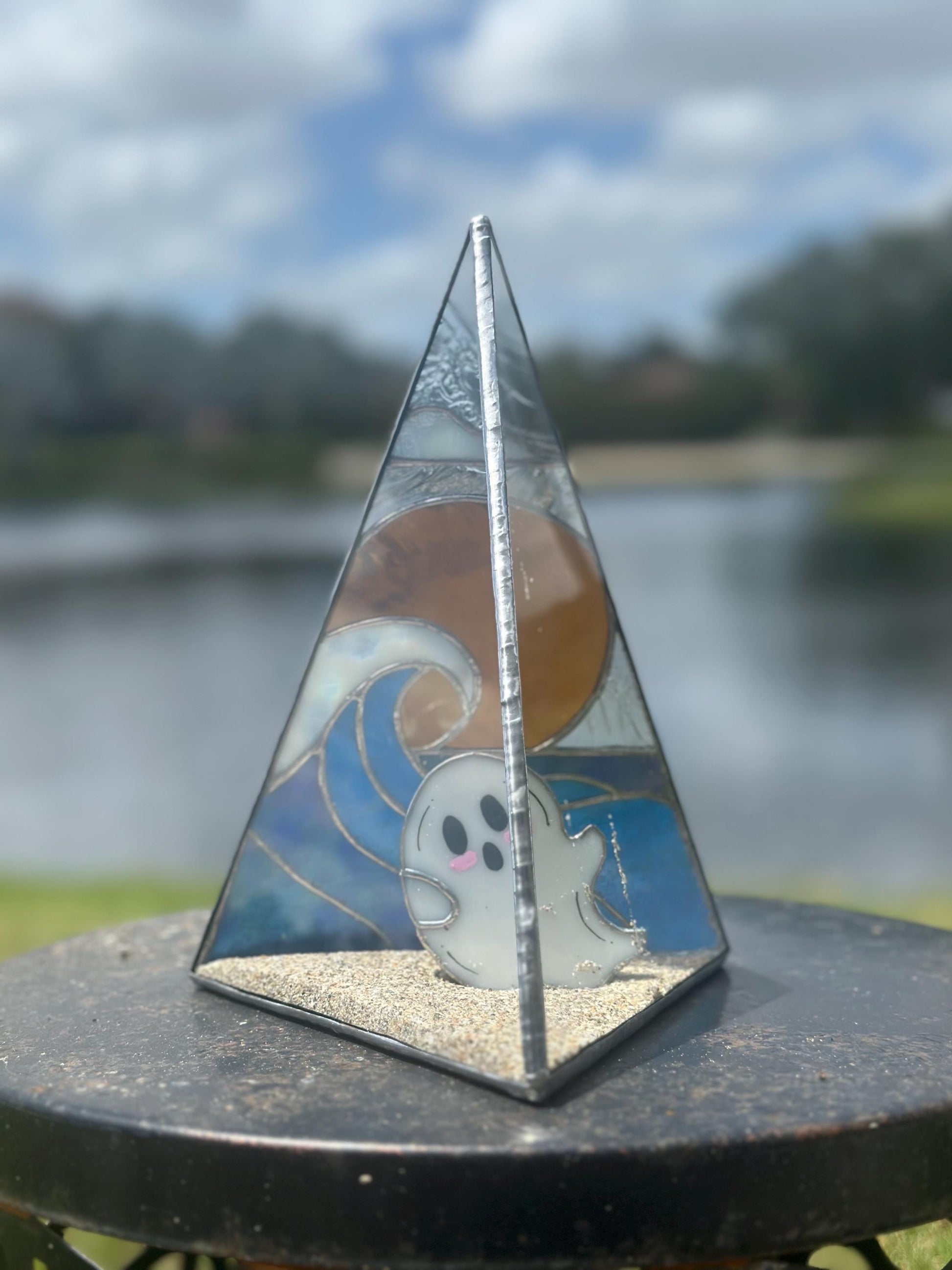 Stained Glass Beach Ghost Shadow Box – Handmade Ocean Scene with Real Sand, Coastal Spooky Decor