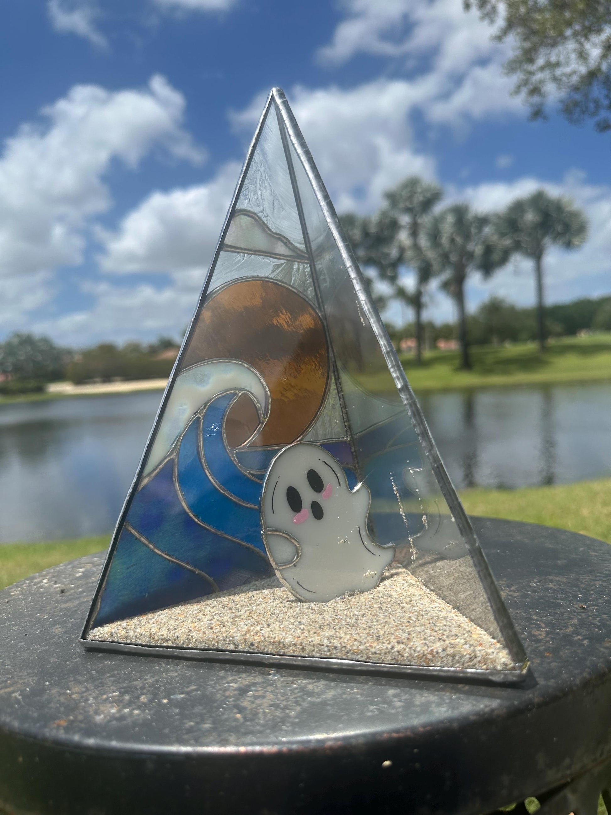 Stained Glass Beach Ghost Shadow Box – Handmade Ocean Scene with Real Sand, Coastal Spooky Decor