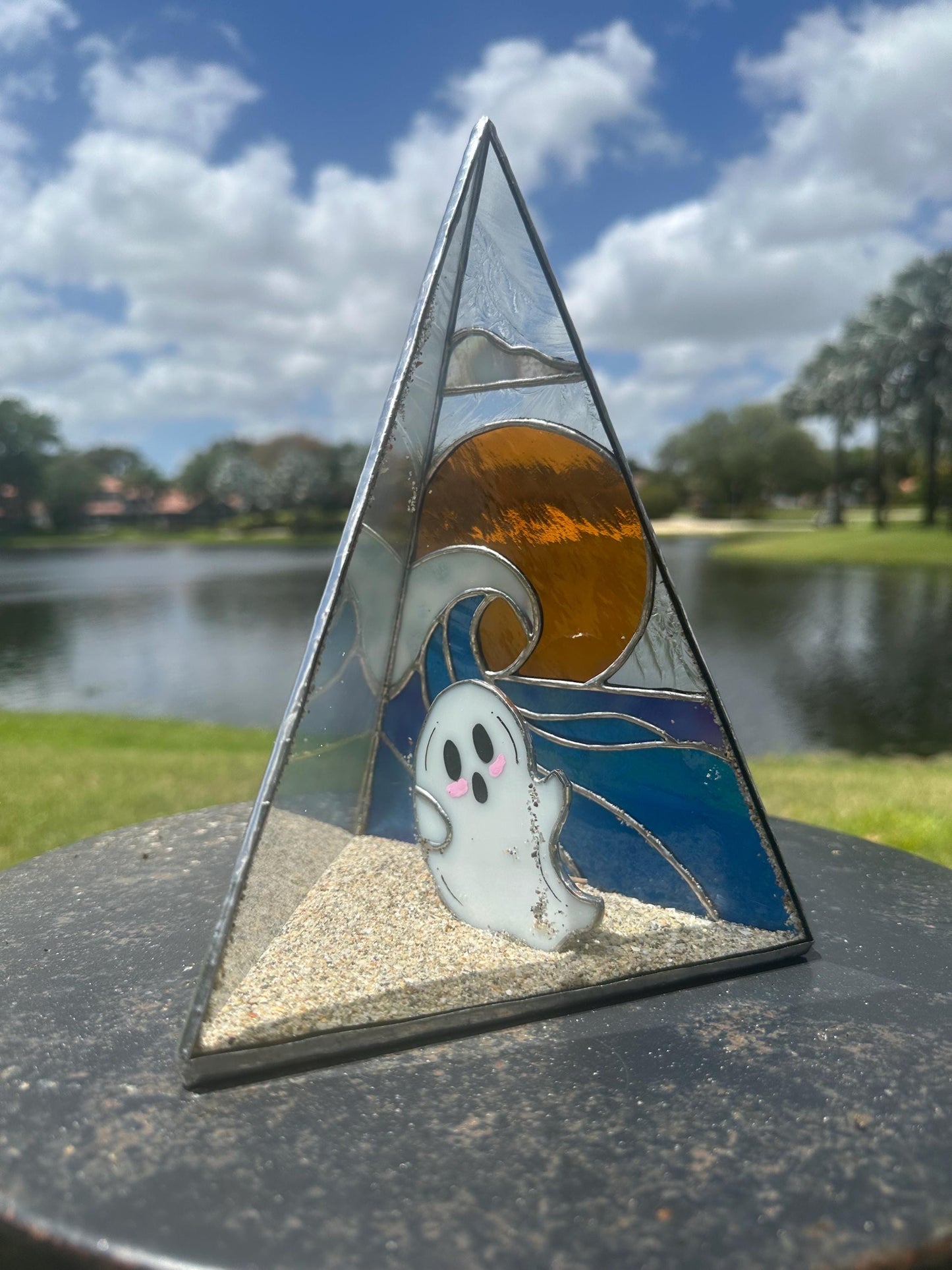 Stained Glass Beach Ghost Shadow Box – Handmade Ocean Scene with Real Sand, Coastal Spooky Decor