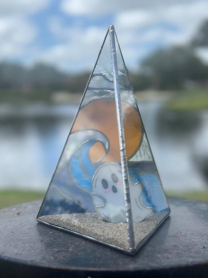 Stained Glass Beach Ghost Shadow Box – Handmade Ocean Scene with Real Sand, Coastal Spooky Decor