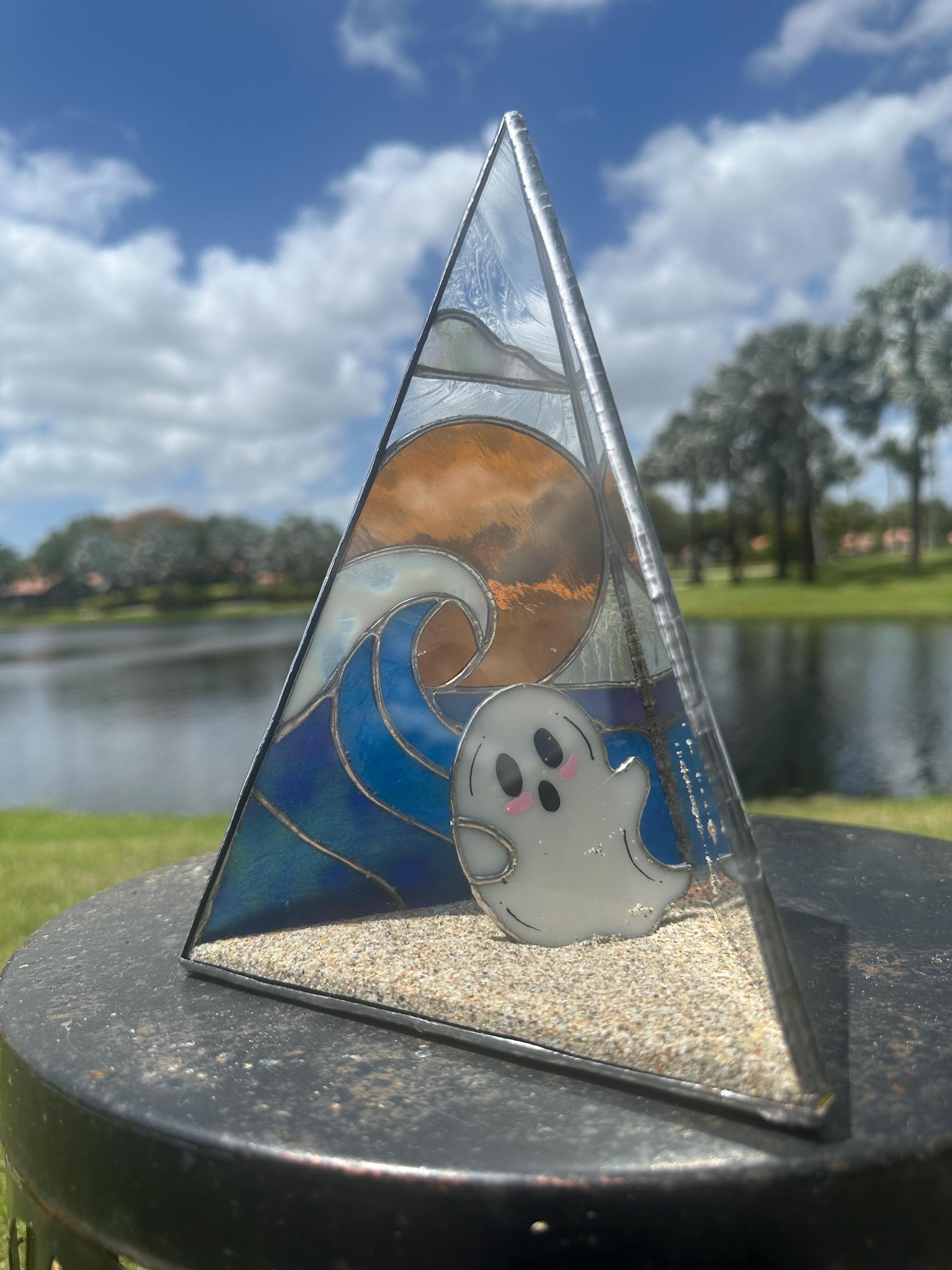 Stained Glass Beach Ghost Shadow Box – Handmade Ocean Scene with Real Sand, Coastal Spooky Decor