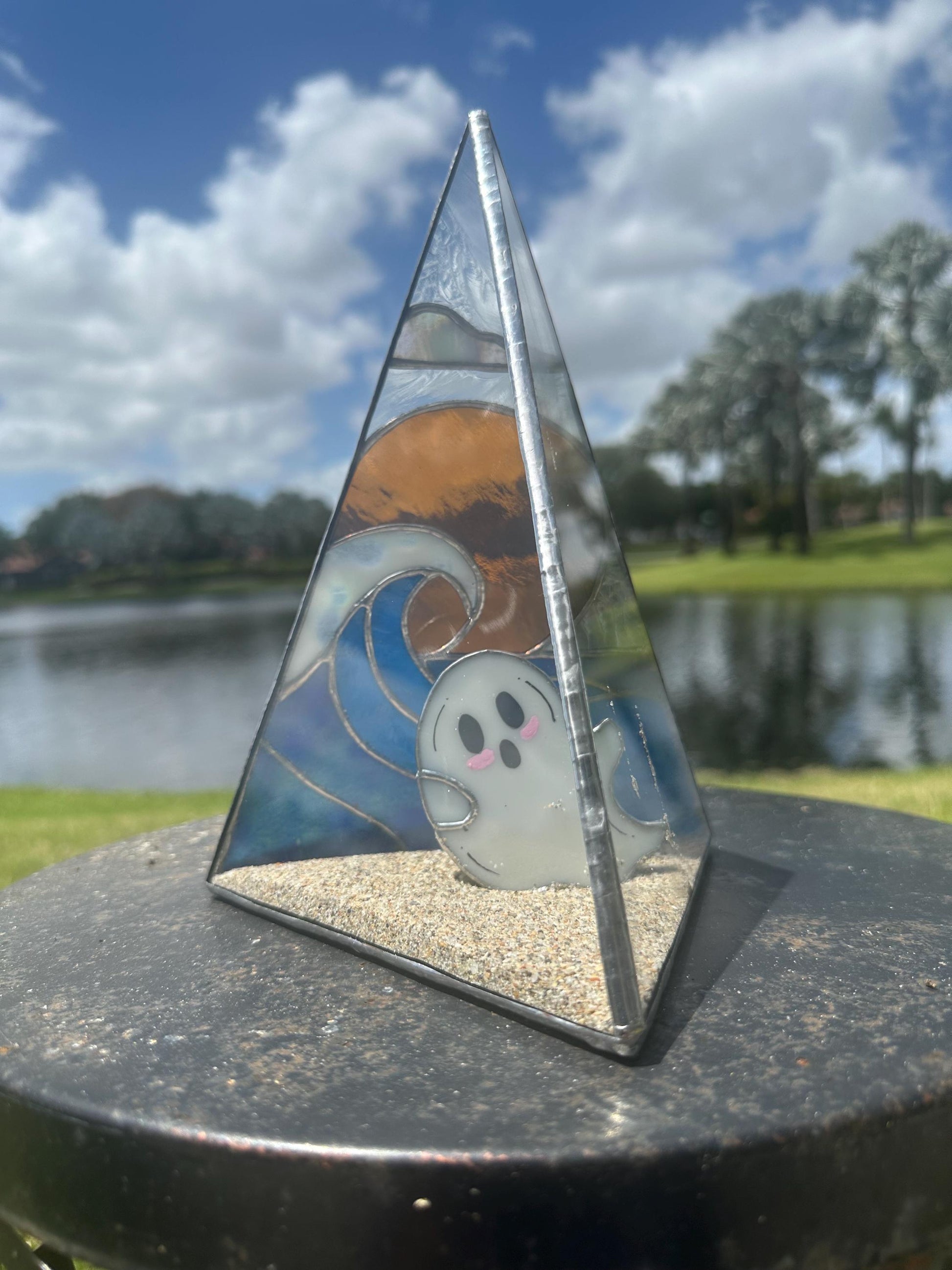 Stained Glass Beach Ghost Shadow Box – Handmade Ocean Scene with Real Sand, Coastal Spooky Decor