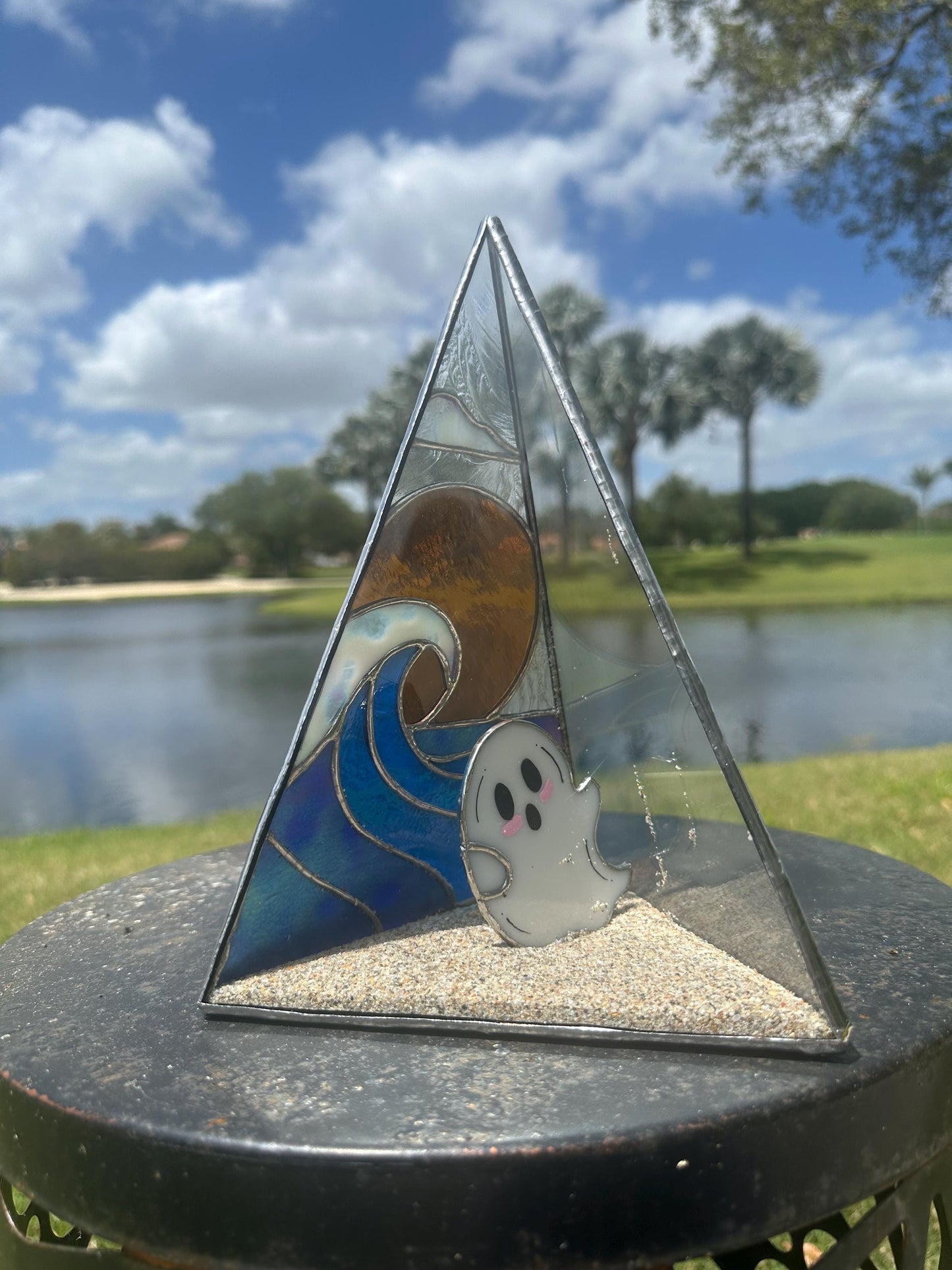 Stained Glass Beach Ghost Shadow Box – Handmade Ocean Scene with Real Sand, Coastal Spooky Decor