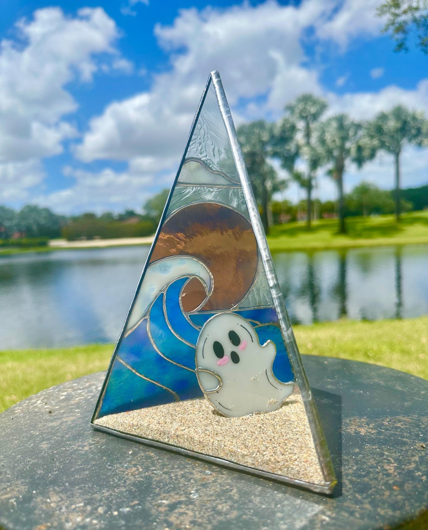 Stained Glass Beach Ghost Shadow Box – Handmade Ocean Scene with Real Sand, Coastal Spooky Decor