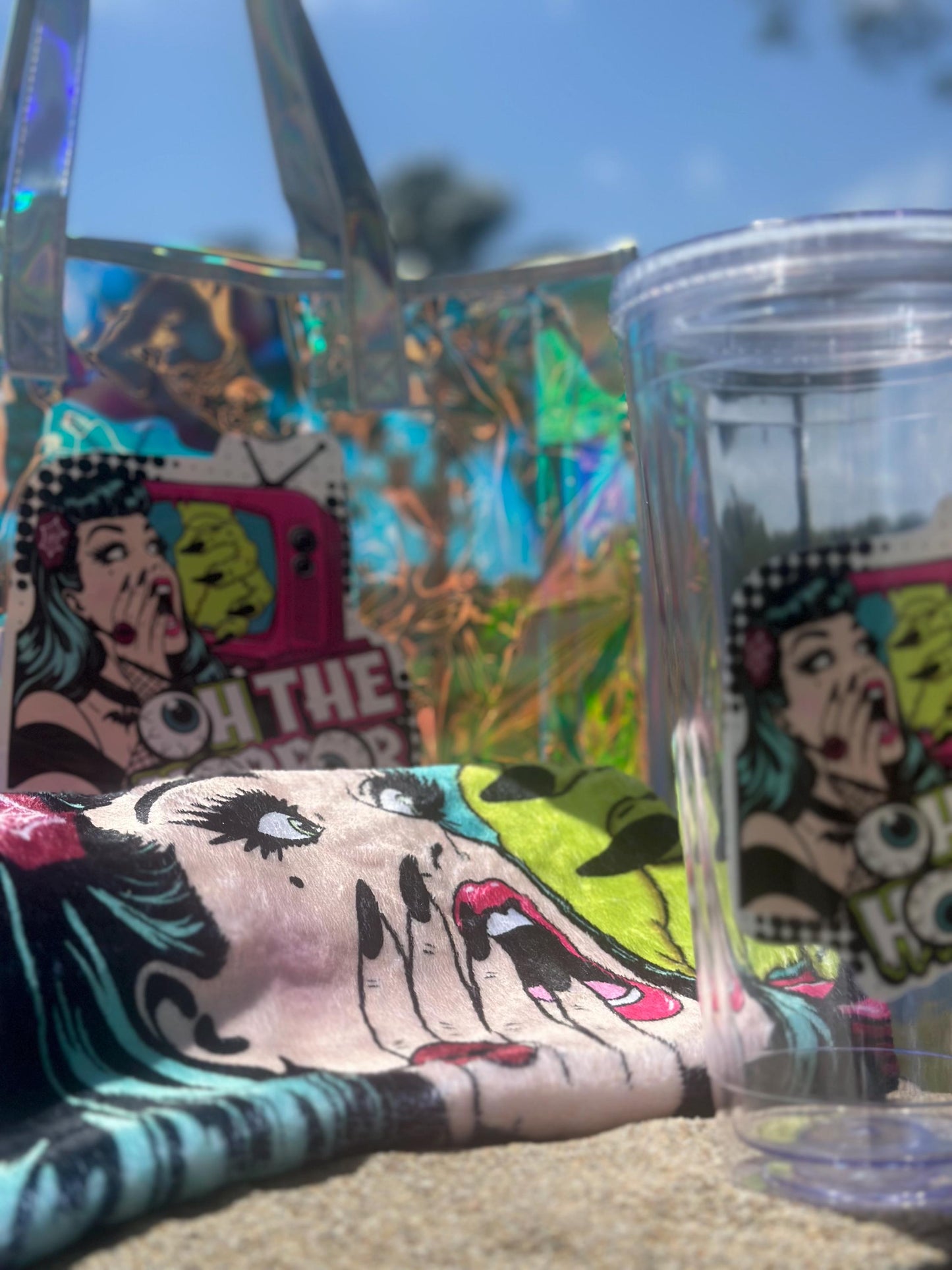 Spooky Beach Bundle Set – “Oh The Horror” Tote, Towel & 32oz Tumbler