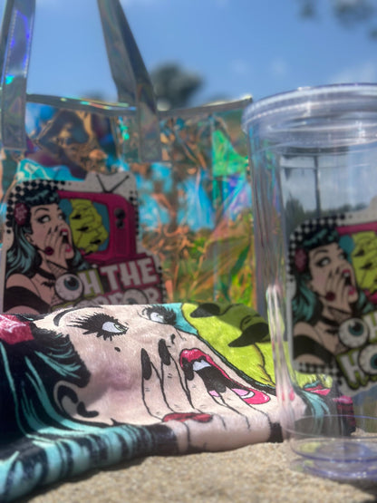 Spooky Beach Bundle Set – “Oh The Horror” Tote, Towel & 32oz Tumbler