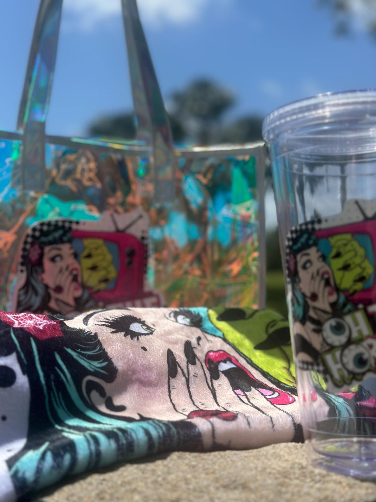 Spooky Beach Bundle Set – “Oh The Horror” Tote, Towel & 32oz Tumbler