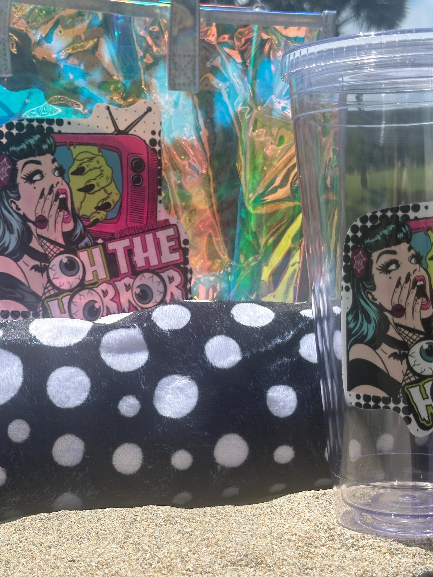 Spooky Beach Bundle Set – “Oh The Horror” Tote, Towel & 32oz Tumbler