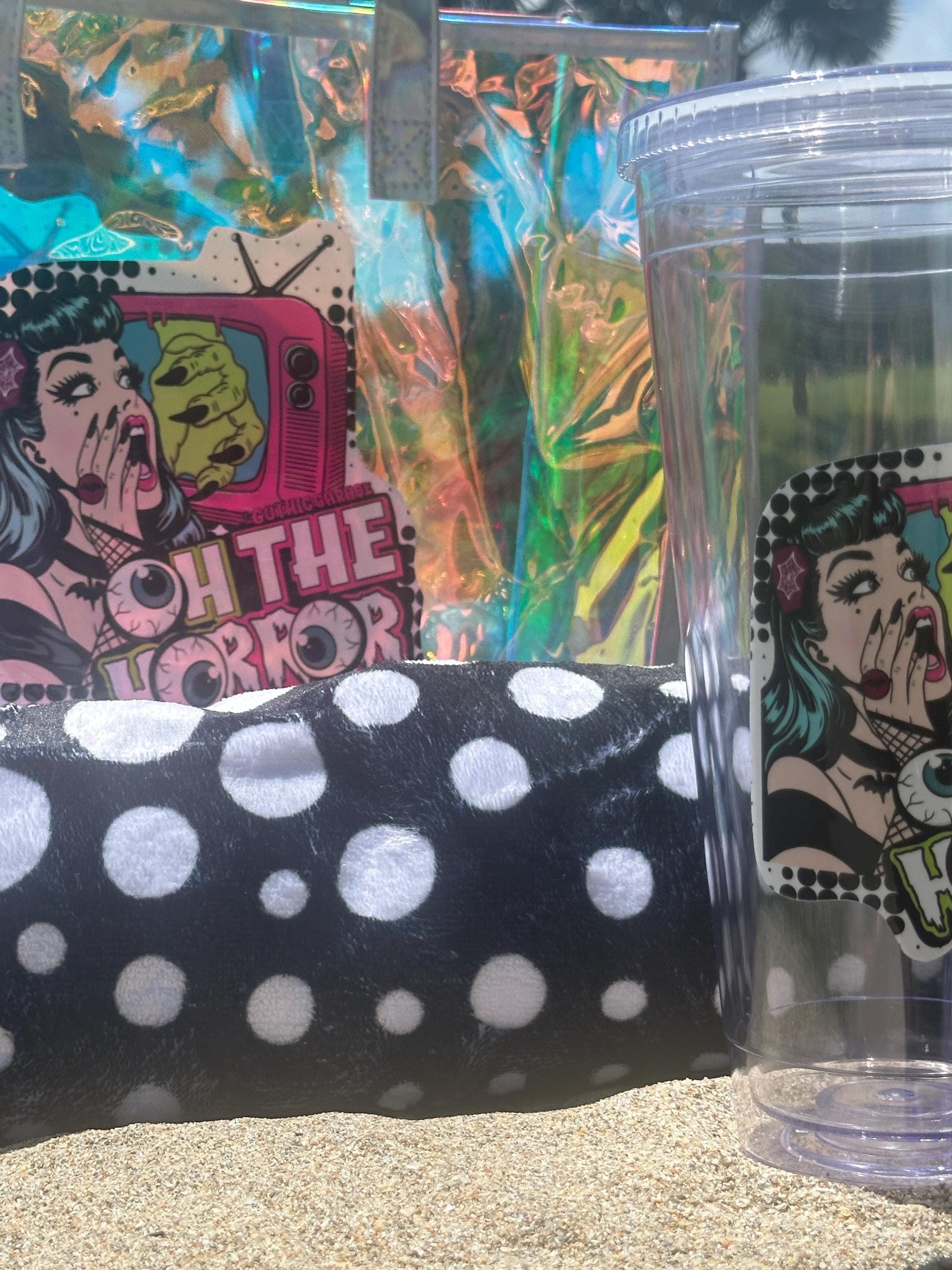 Spooky Beach Bundle Set – “Oh The Horror” Tote, Towel & 32oz Tumbler