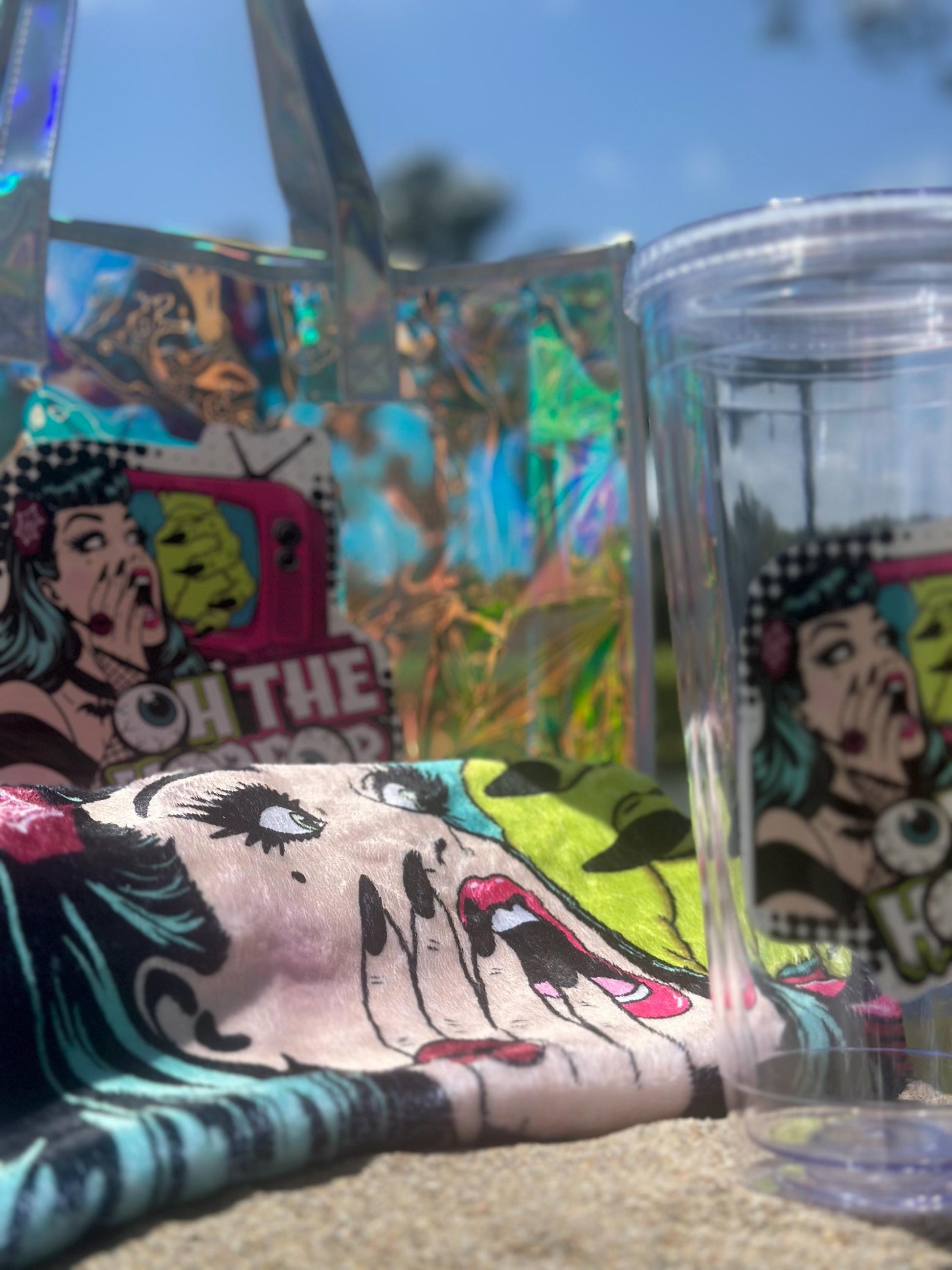 Spooky Beach Bundle Set – “Oh The Horror” Tote, Towel & 32oz Tumbler