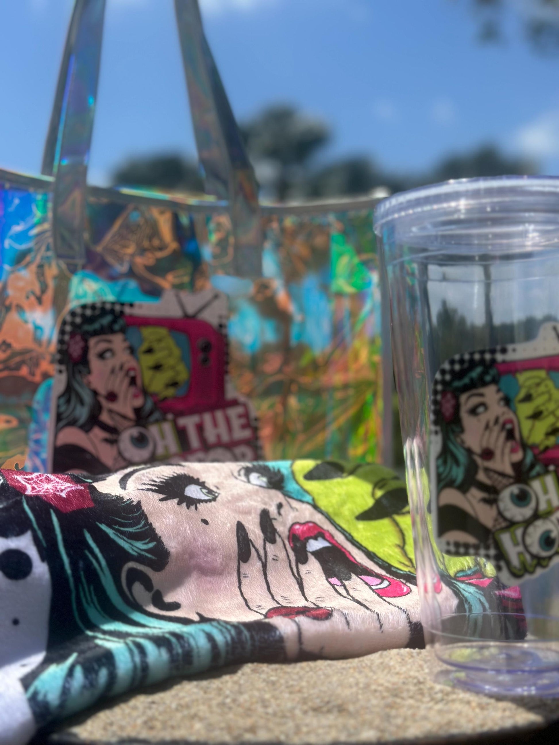 Spooky Beach Bundle Set – “Oh The Horror” Tote, Towel & 32oz Tumbler