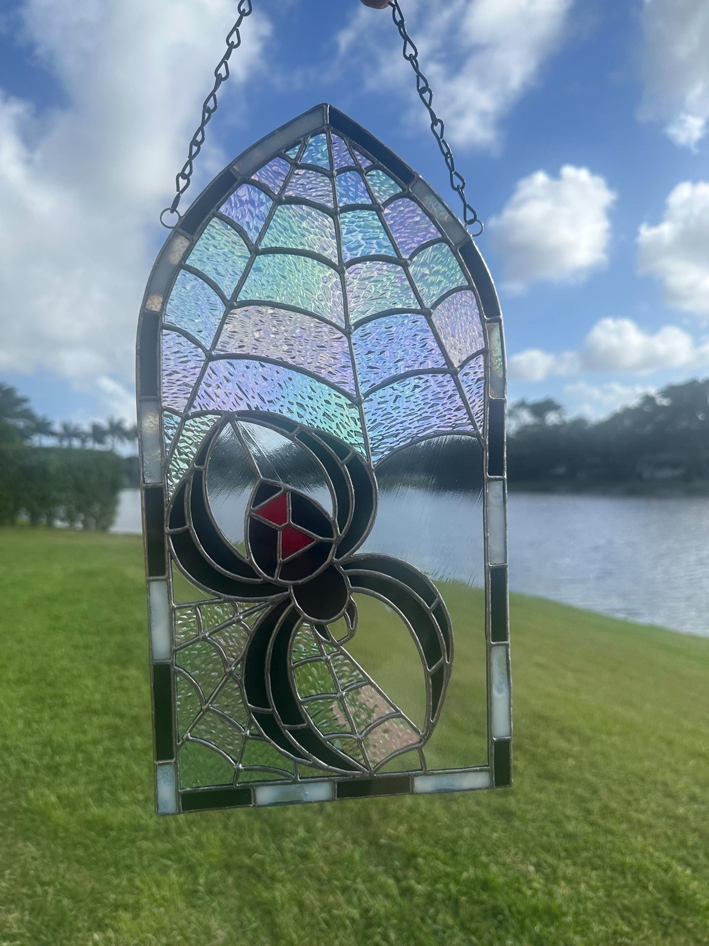 Black Widow Stained Glass Panel – Gothic Spider Web Window Hanging | Handmade Dark Decor