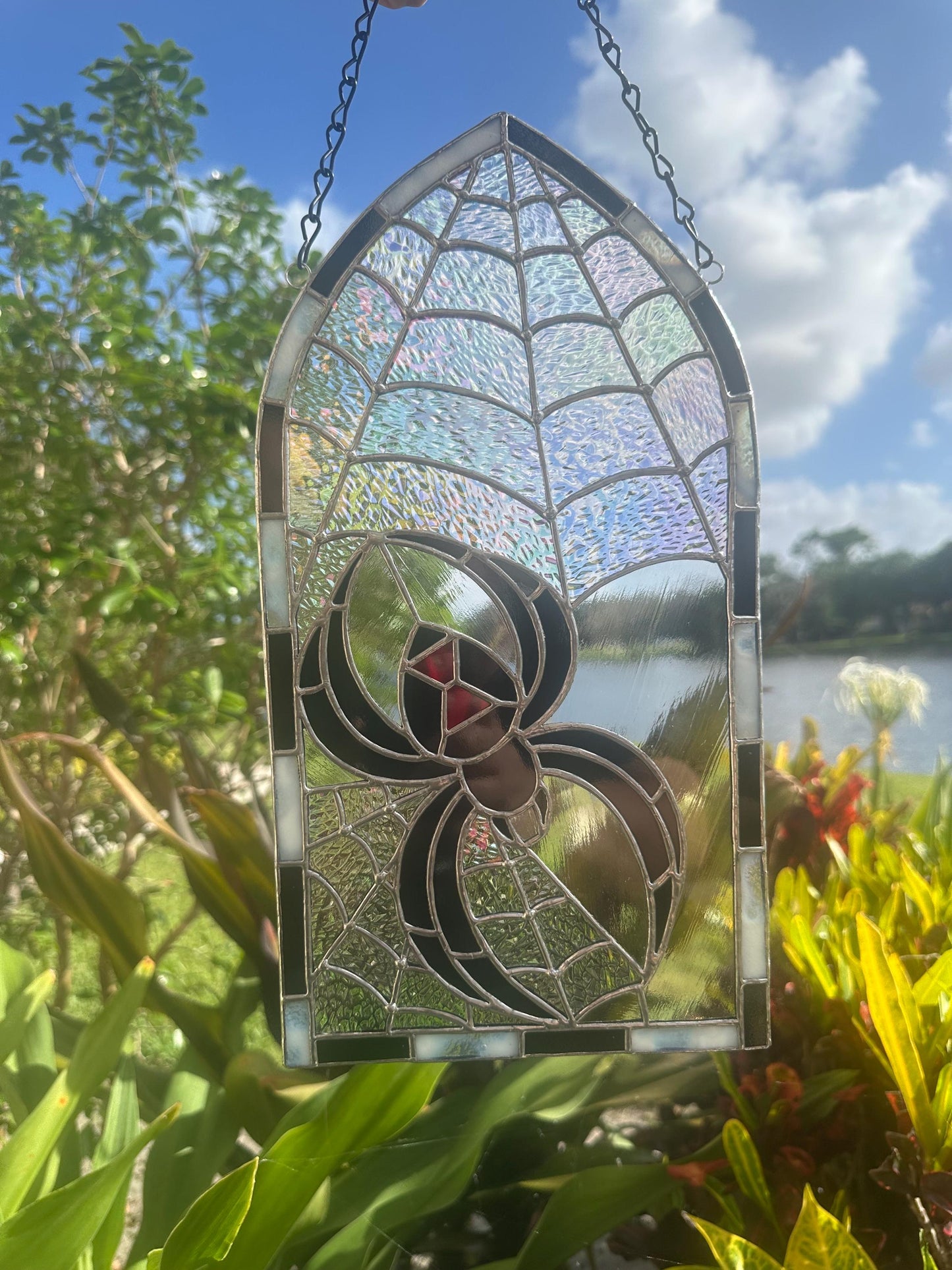 Black Widow Stained Glass Panel – Gothic Spider Web Window Hanging | Handmade Dark Decor