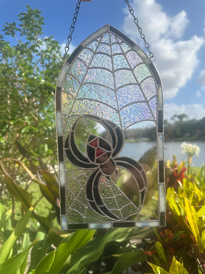 Black Widow Stained Glass Panel – Gothic Spider Web Window Hanging | Handmade Dark Decor