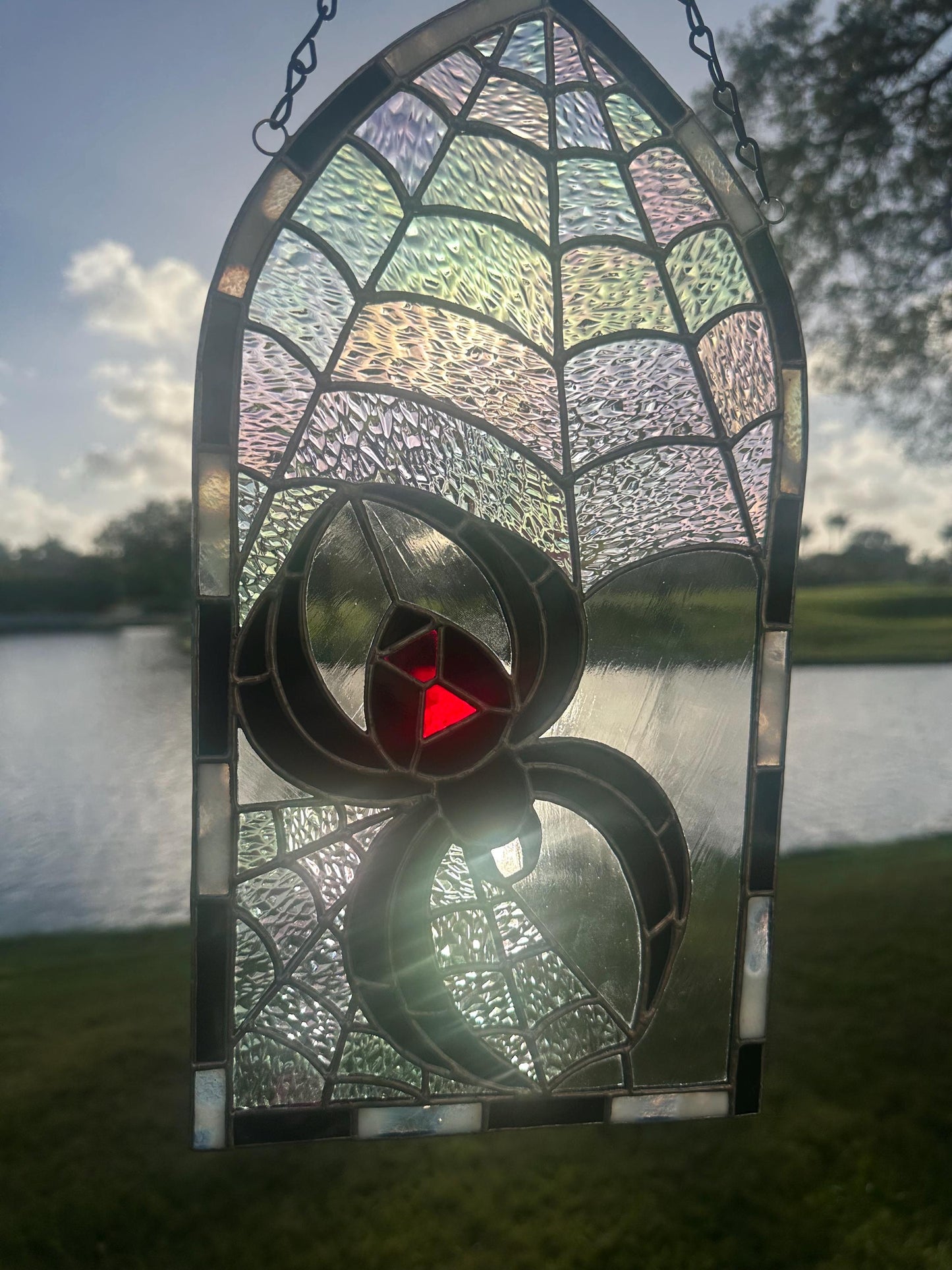 Black Widow Stained Glass Panel – Gothic Spider Web Window Hanging | Handmade Dark Decor