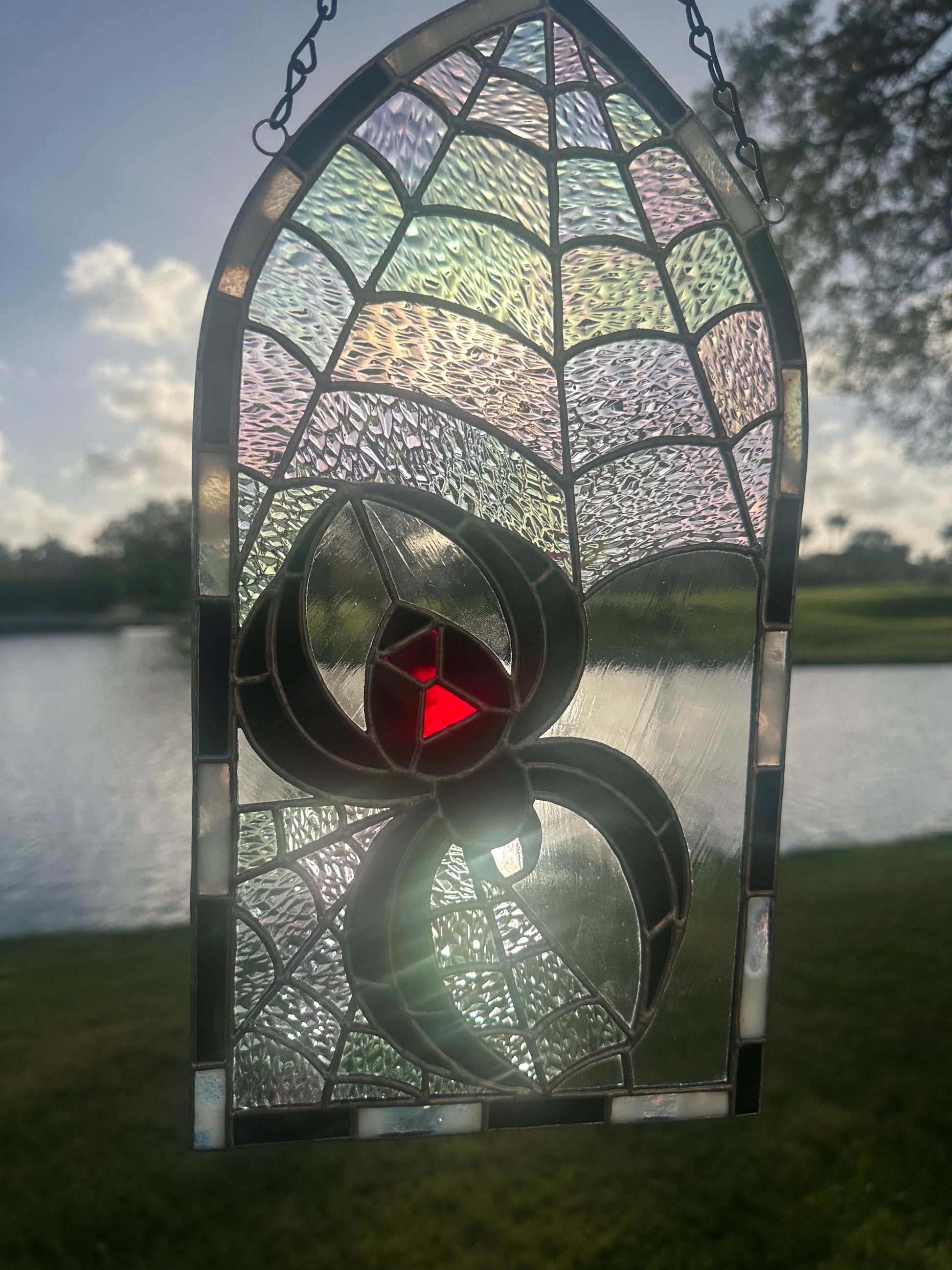 Black Widow Stained Glass Panel – Gothic Spider Web Window Hanging | Handmade Dark Decor