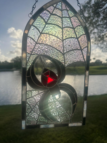 Black Widow Stained Glass Panel – Gothic Spider Web Window Hanging | Handmade Dark Decor