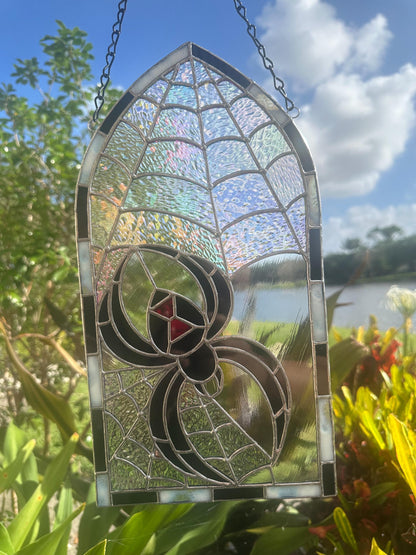 Black Widow Stained Glass Panel – Gothic Spider Web Window Hanging | Handmade Dark Decor