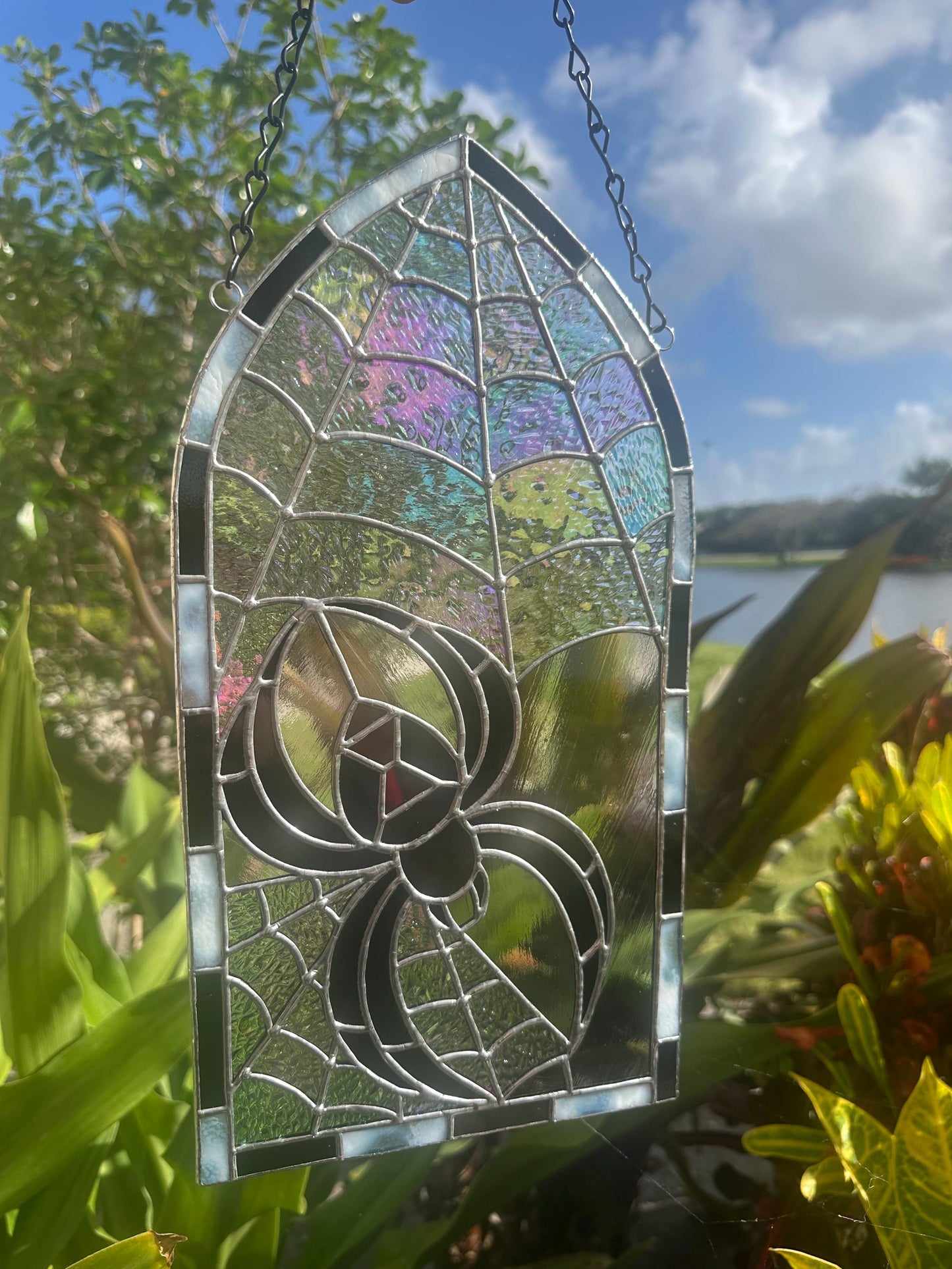 Black Widow Stained Glass Panel – Gothic Spider Web Window Hanging | Handmade Dark Decor