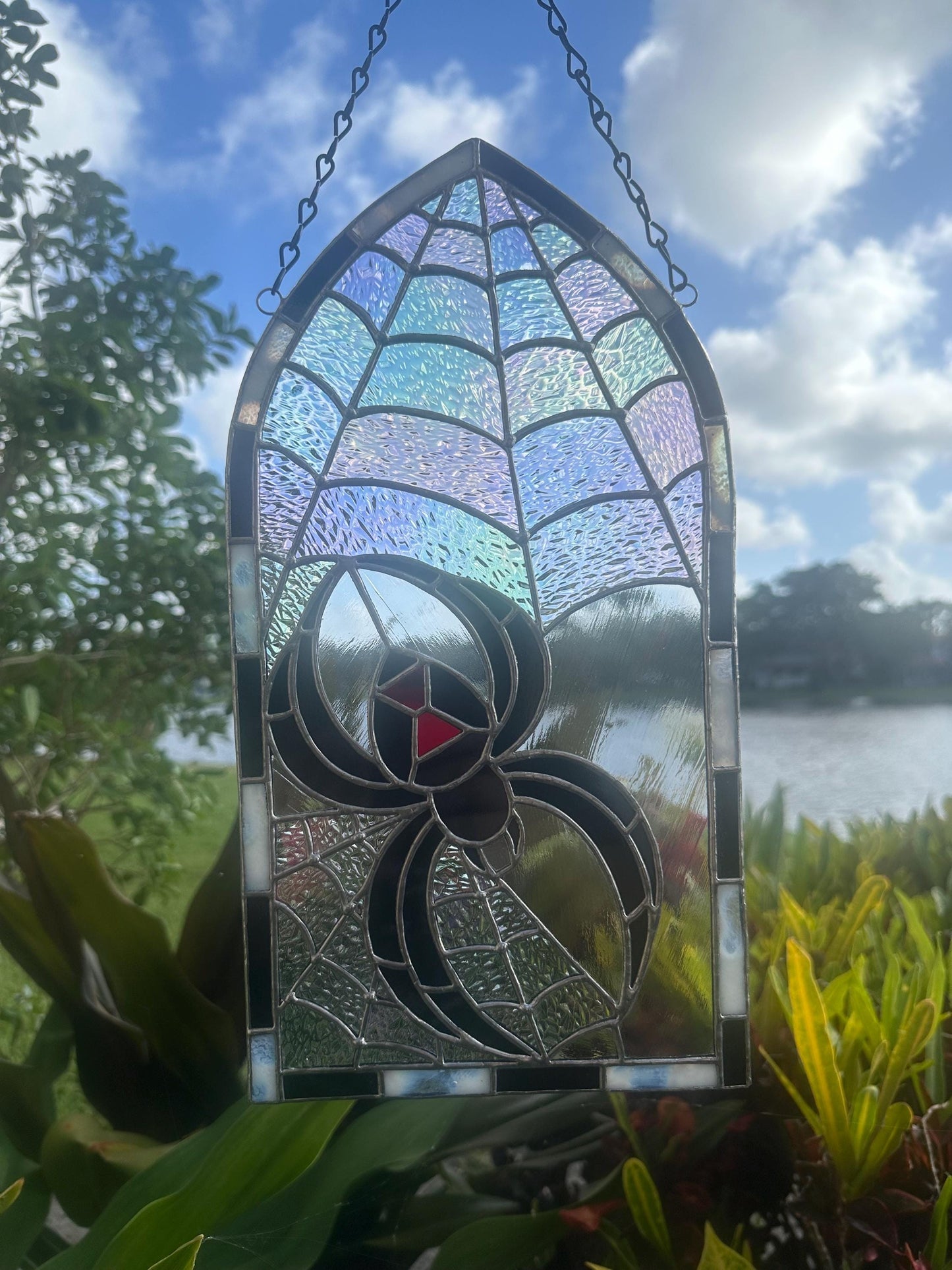 Black Widow Stained Glass Panel – Gothic Spider Web Window Hanging | Handmade Dark Decor