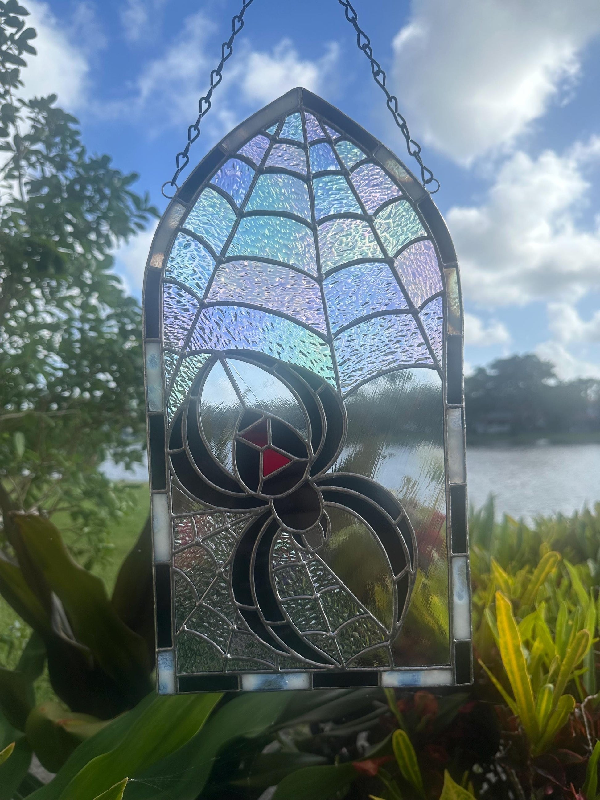 Black Widow Stained Glass Panel – Gothic Spider Web Window Hanging | Handmade Dark Decor