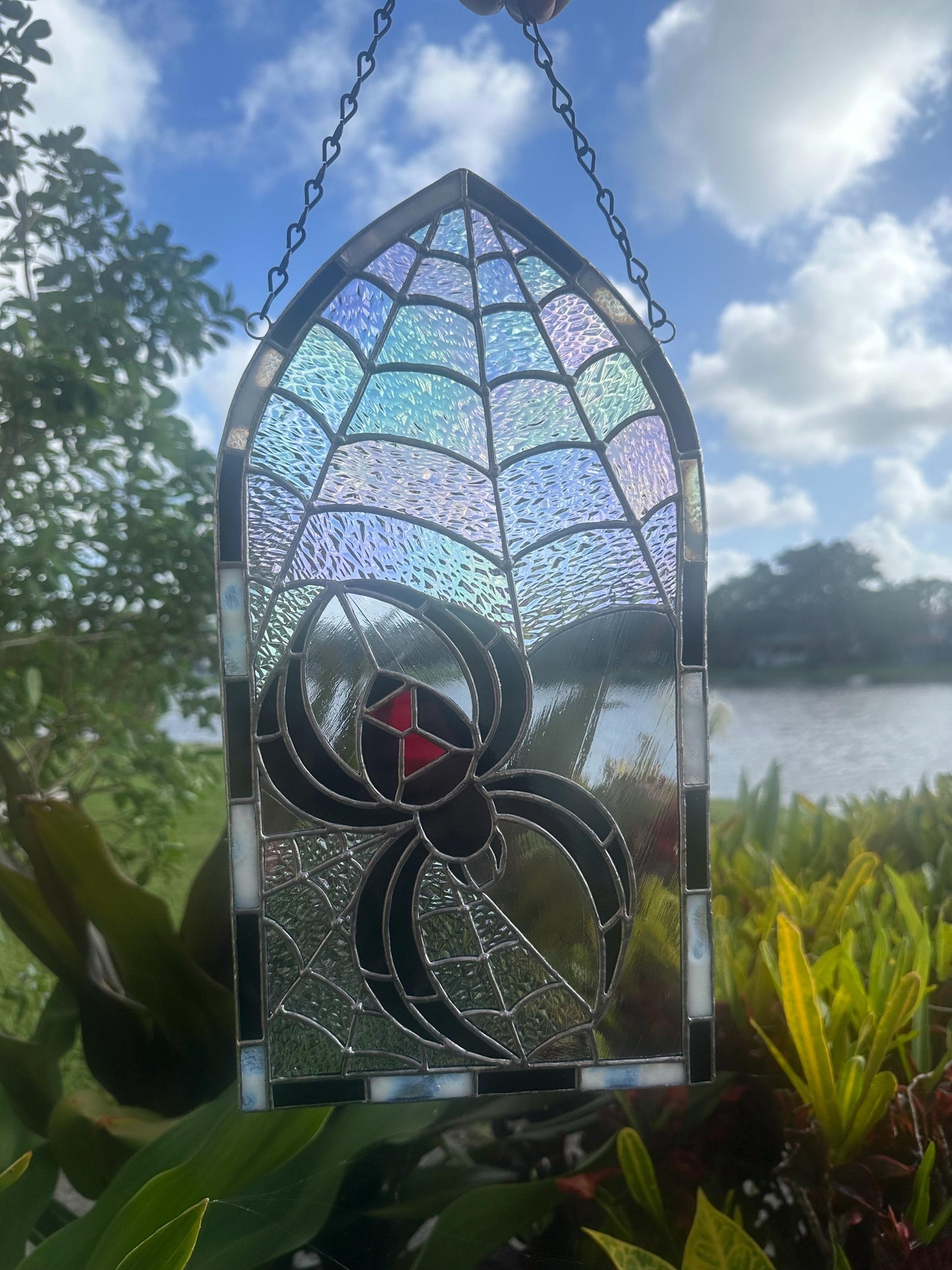 Black Widow Stained Glass Panel – Gothic Spider Web Window Hanging | Handmade Dark Decor