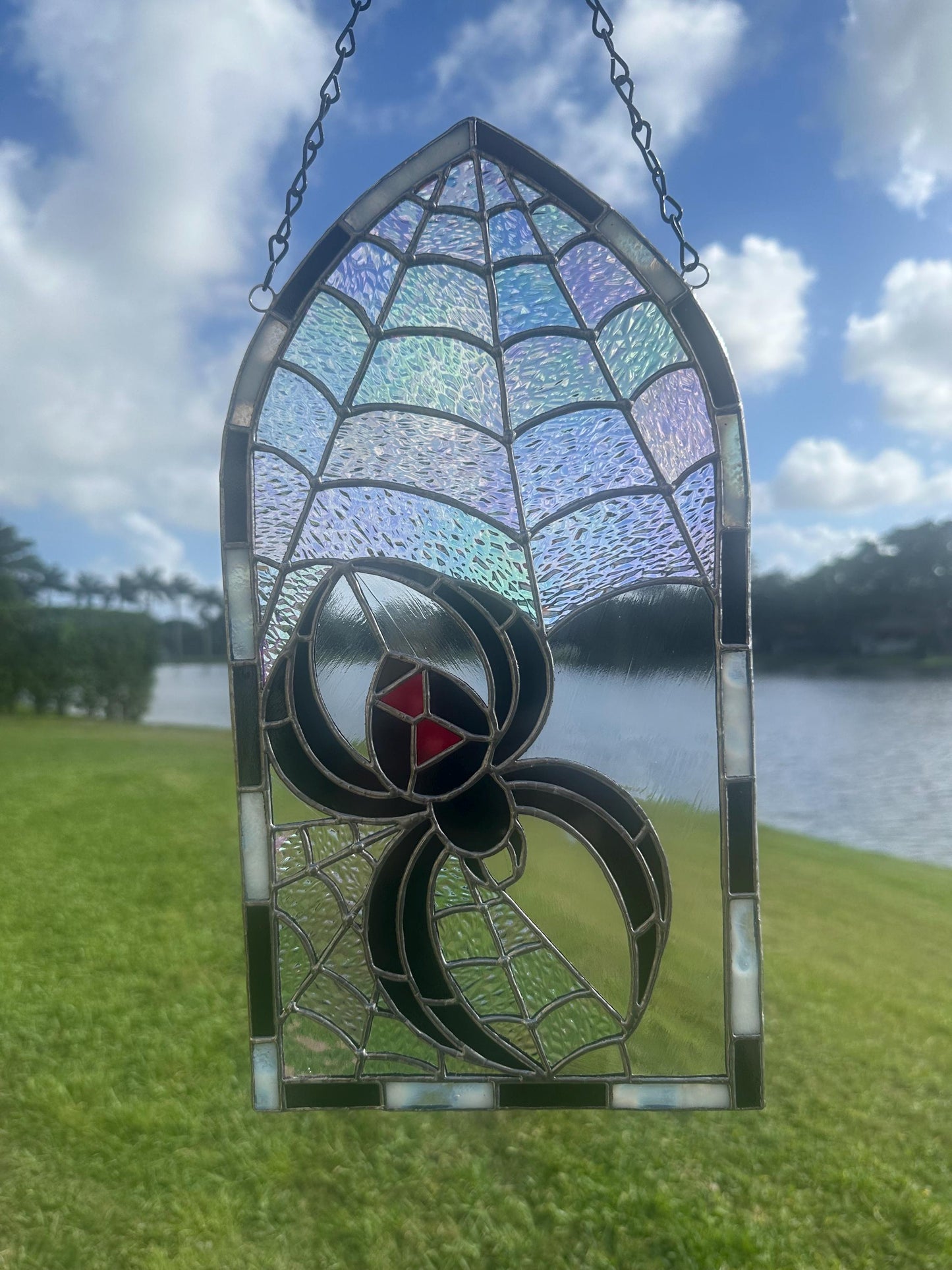 Black Widow Stained Glass Panel – Gothic Spider Web Window Hanging | Handmade Dark Decor