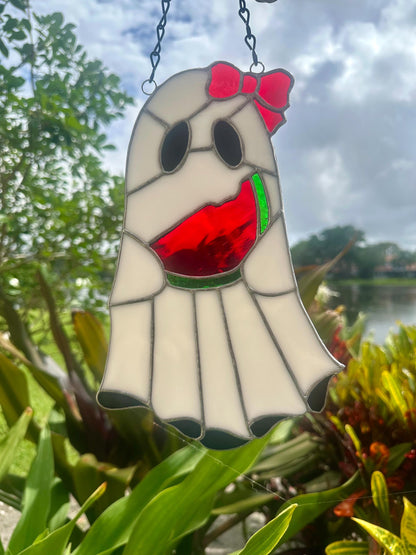Watermelon Ghost Stained Glass Suncatcher – Spooky Summer Window Decor