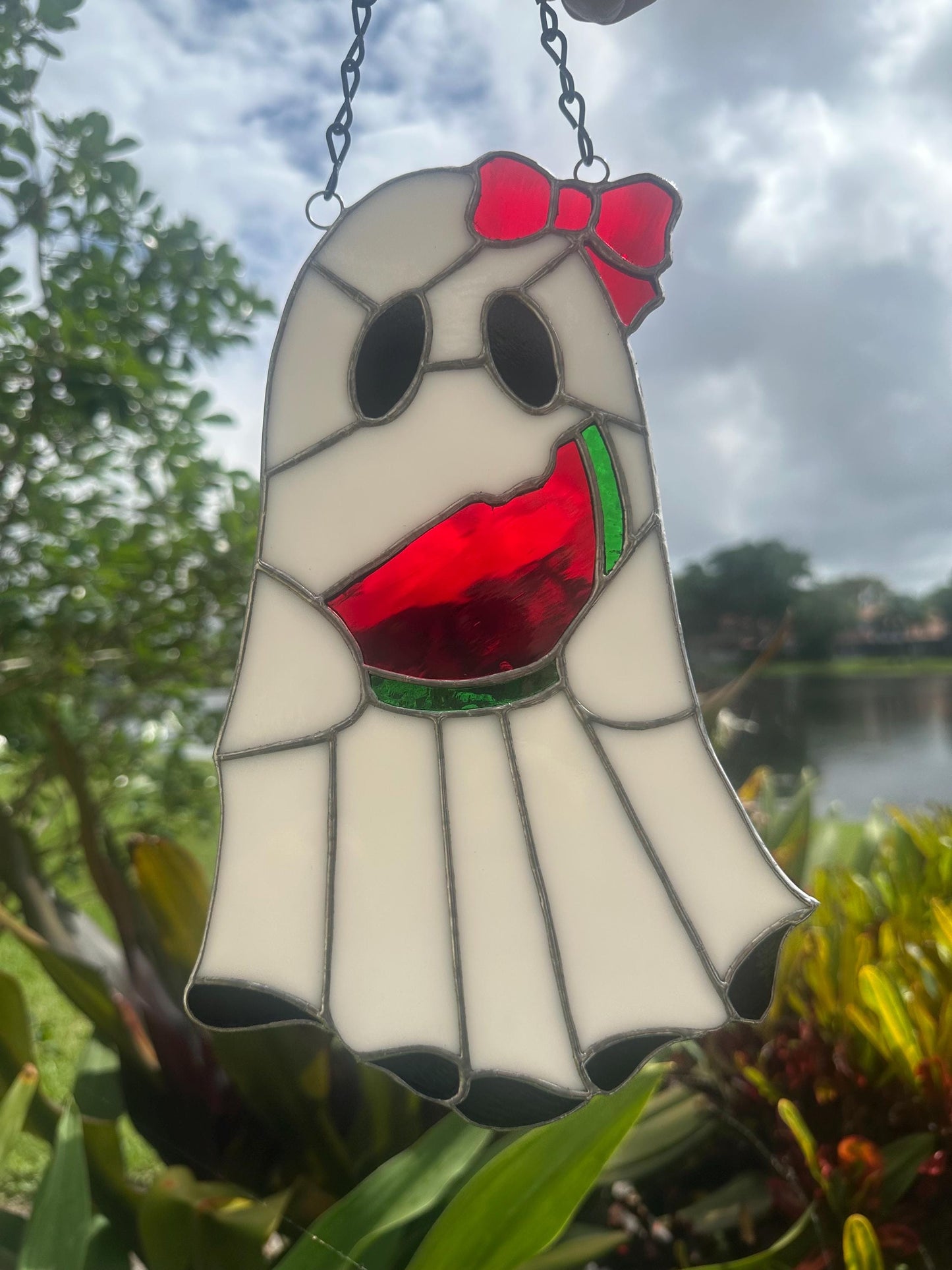 Watermelon Ghost Stained Glass Suncatcher – Spooky Summer Window Decor