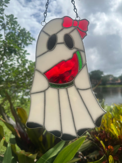 Watermelon Ghost Stained Glass Suncatcher – Spooky Summer Window Decor