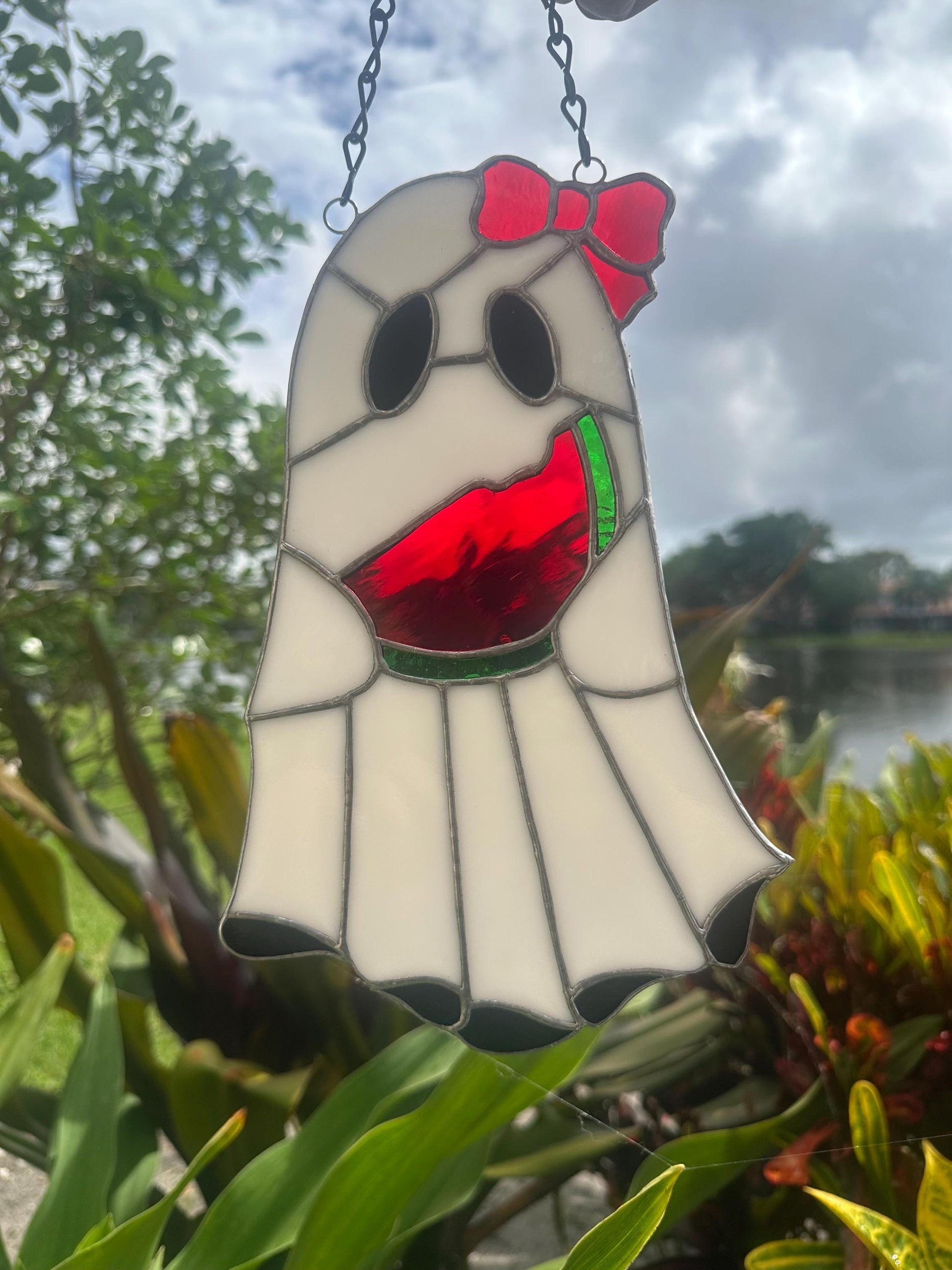 Watermelon Ghost Stained Glass Suncatcher – Spooky Summer Window Decor