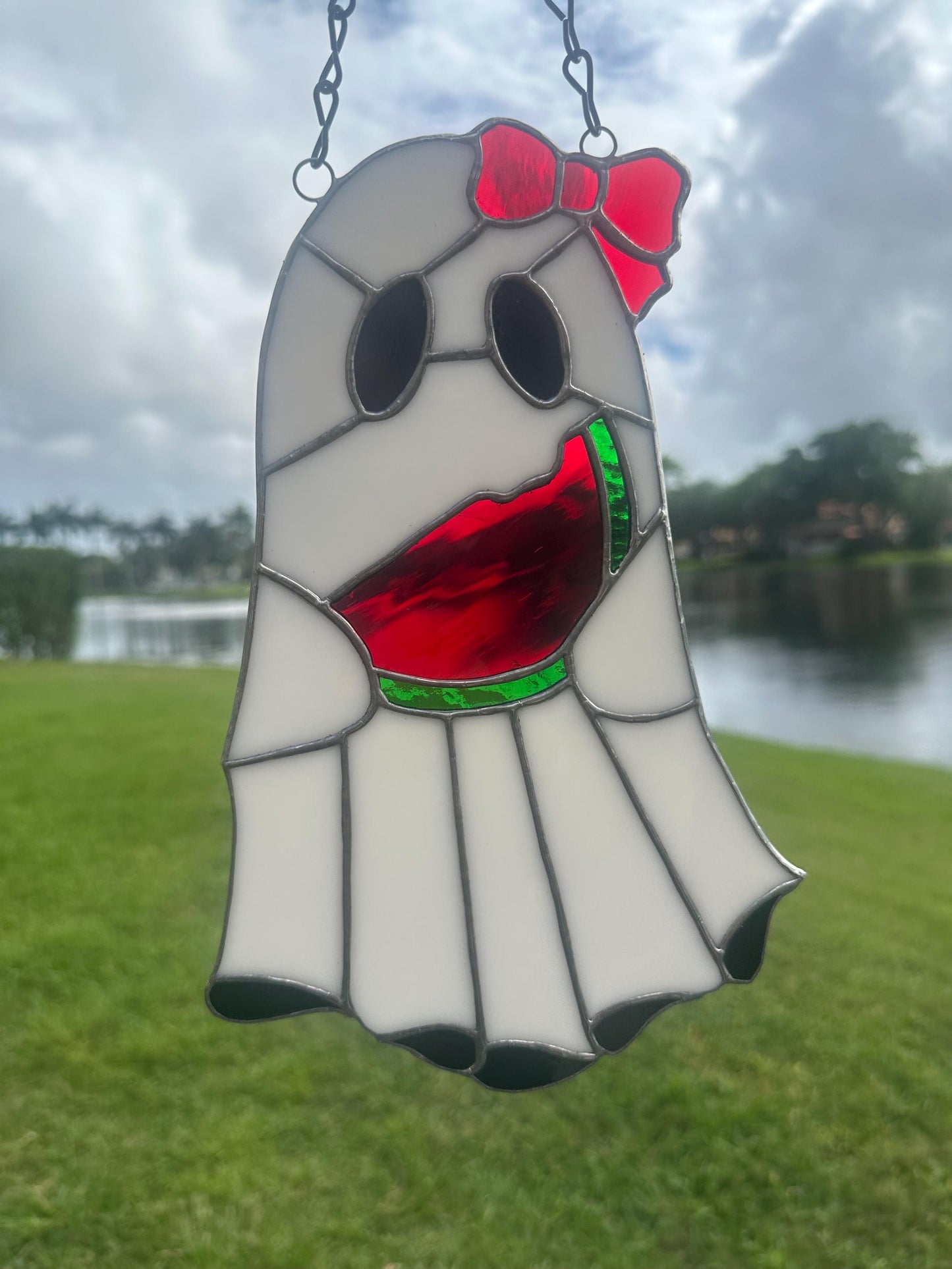 Watermelon Ghost Stained Glass Suncatcher – Spooky Summer Window Decor