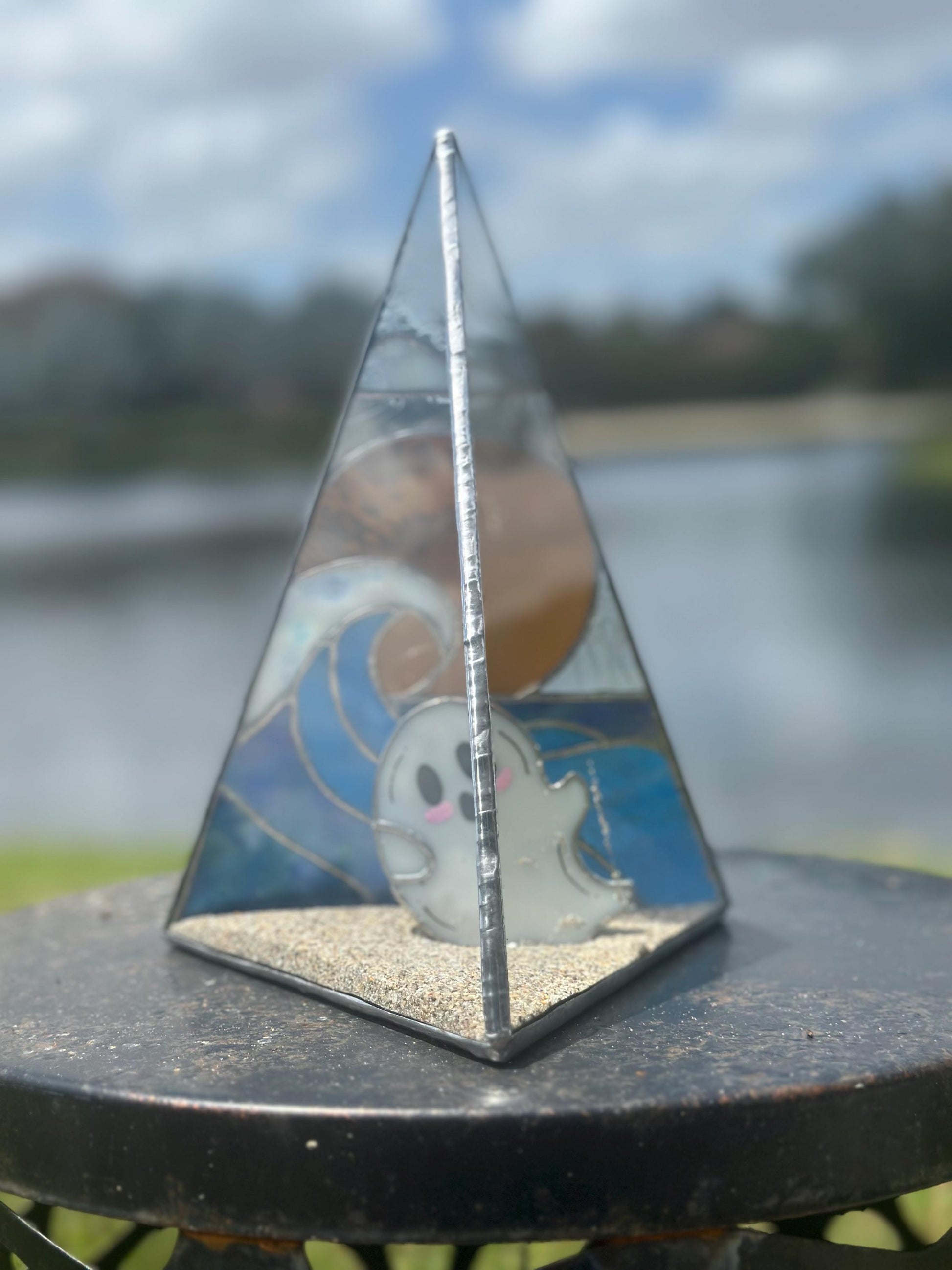 Stained Glass Beach Ghost Shadow Box – Handmade Ocean Scene with Real Sand, Coastal Spooky Decor