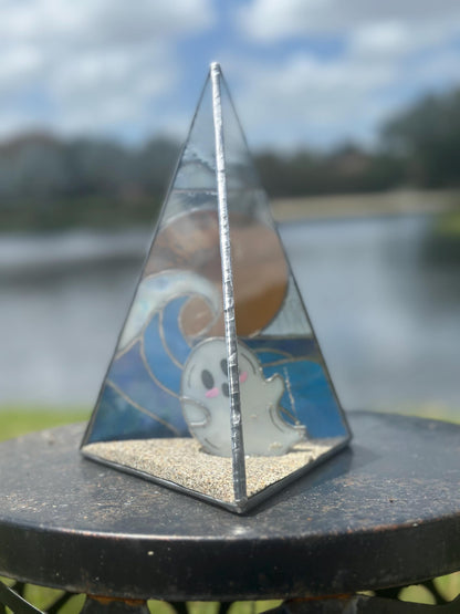 Stained Glass Beach Ghost Shadow Box – Handmade Ocean Scene with Real Sand, Coastal Spooky Decor