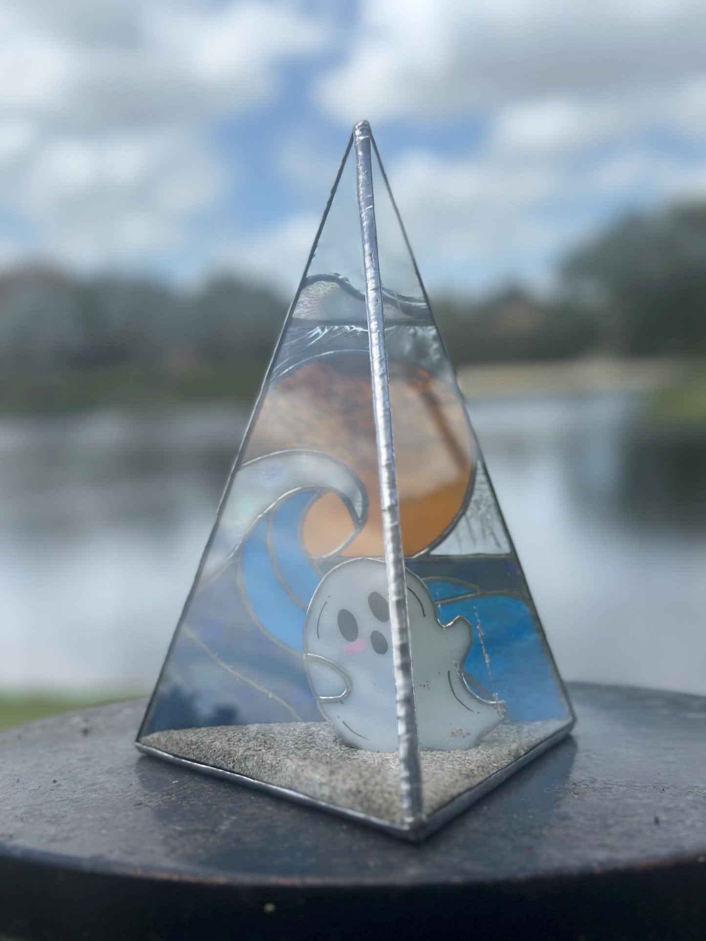 Stained Glass Beach Ghost Shadow Box – Handmade Ocean Scene with Real Sand, Coastal Spooky Decor