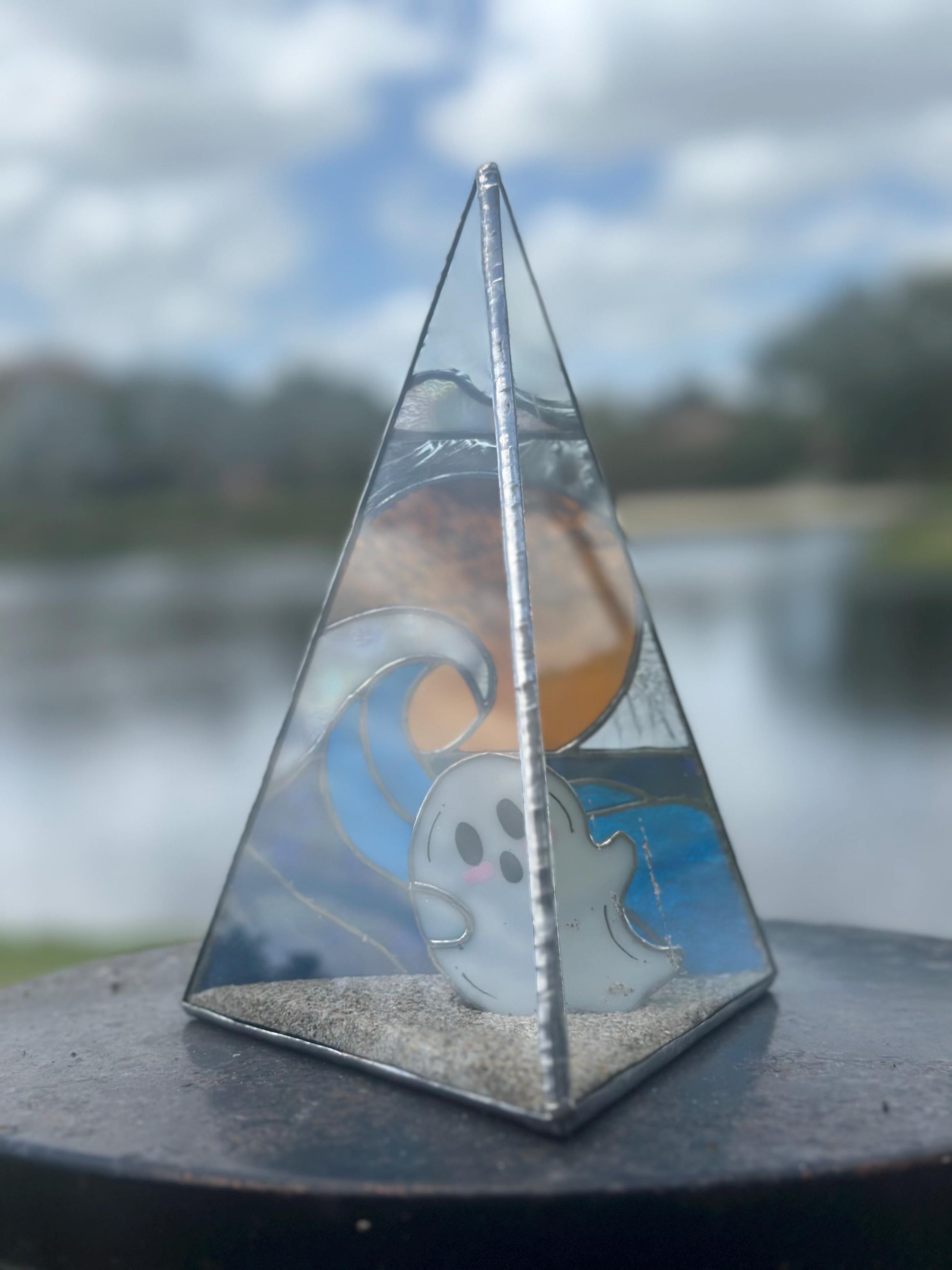 Stained Glass Beach Ghost Shadow Box – Handmade Ocean Scene with Real Sand, Coastal Spooky Decor