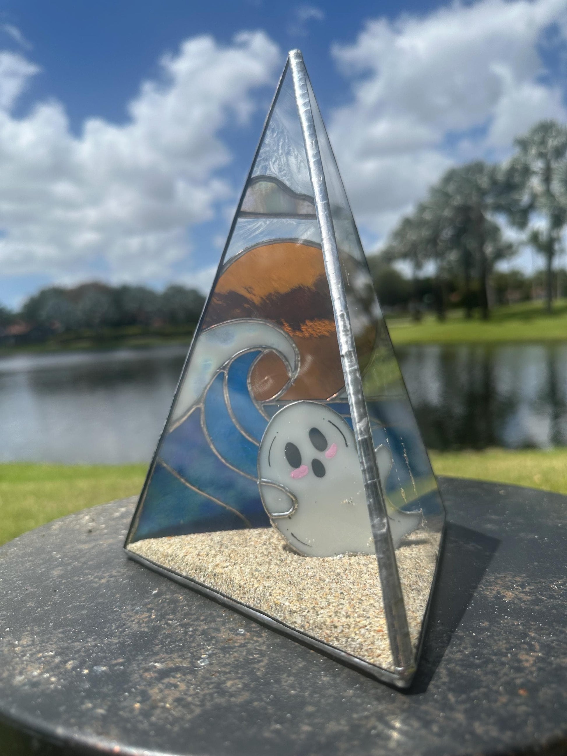 Stained Glass Beach Ghost Shadow Box – Handmade Ocean Scene with Real Sand, Coastal Spooky Decor